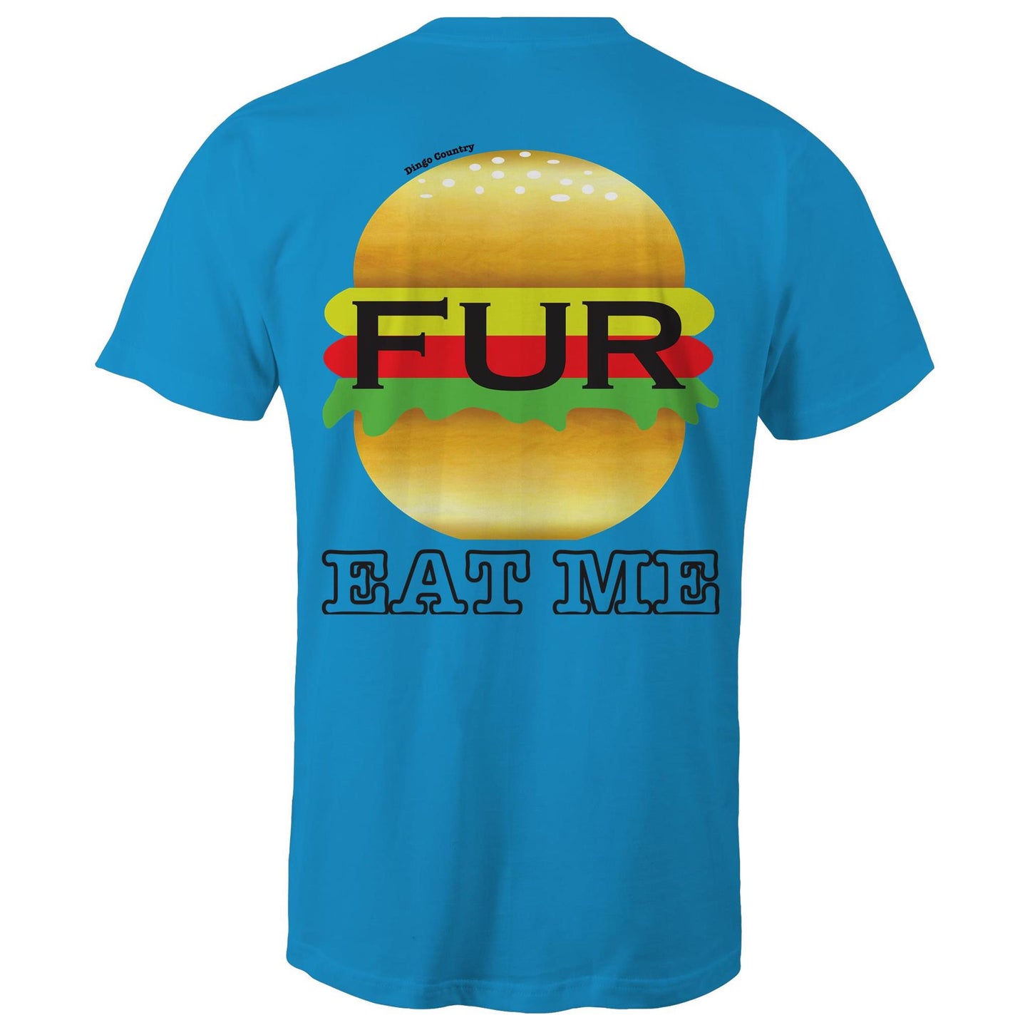 Back of arctic blue t-shirt displaying a humorous 'EAT ME' text with a stylized Fur burger graphic, blending Australian slang with playful design