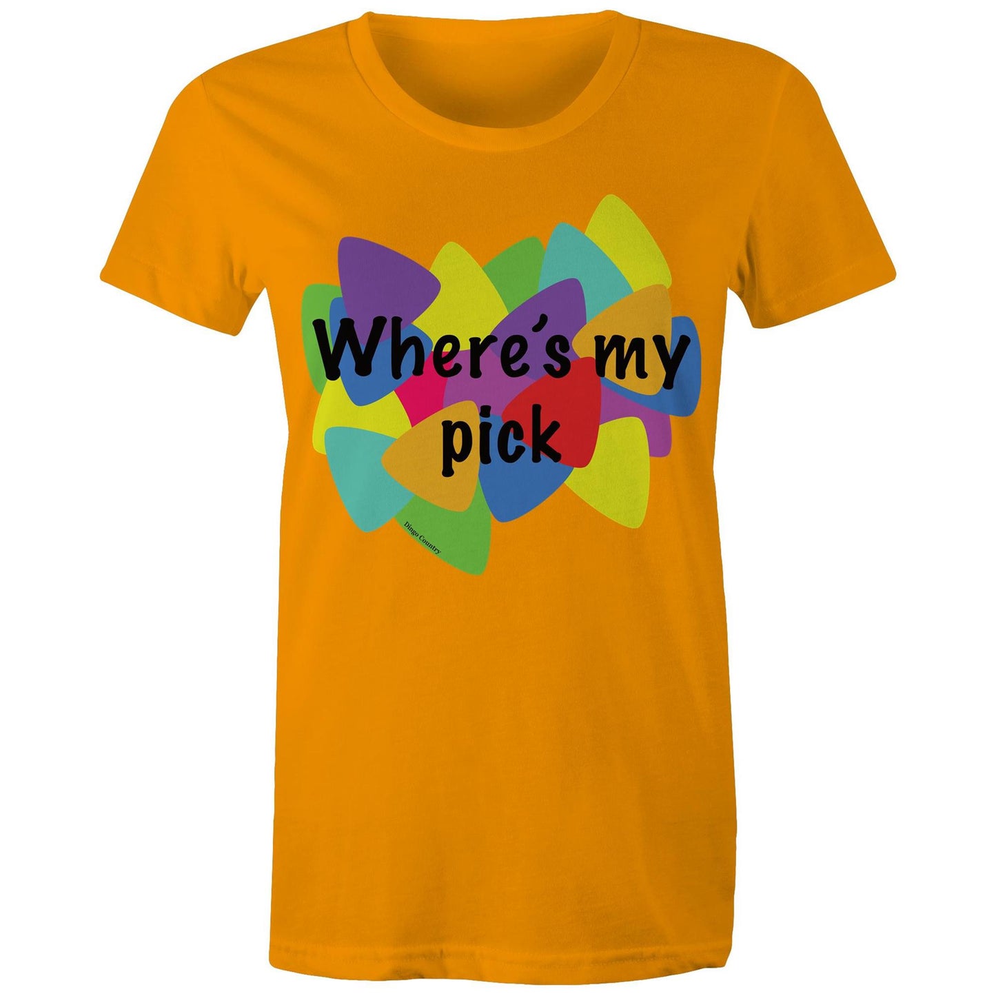 "Where's My Pick" Women's Maple Tee in orange, featuring a colourful and playful guitar pick graphic in the center with the question "Where's my pick" written across, ideal for those who love a blend of music, style, and fun.