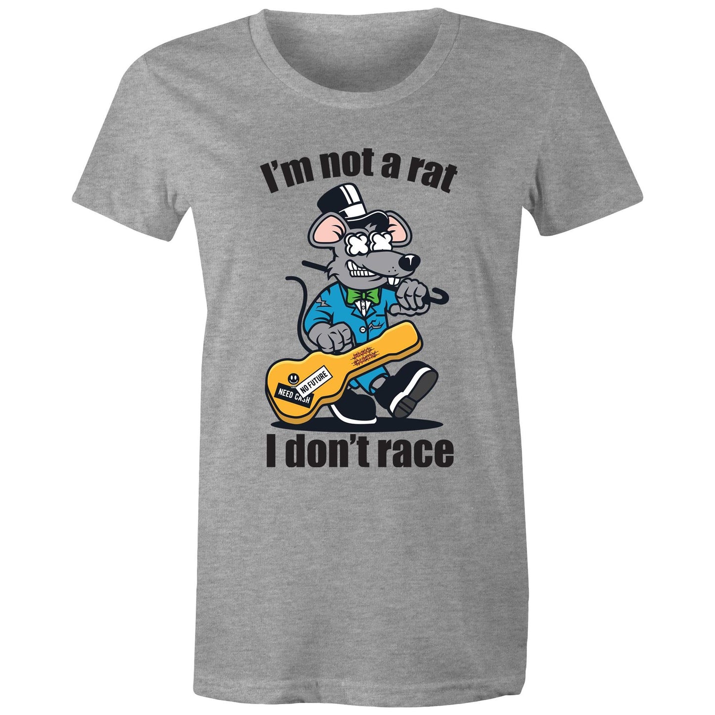Front view of a woman's grey maple tee with a graphic of a guitar-playing rat and the words 'I'm Not a Rat, I Don't Race', exemplifying a fun and laid-back style