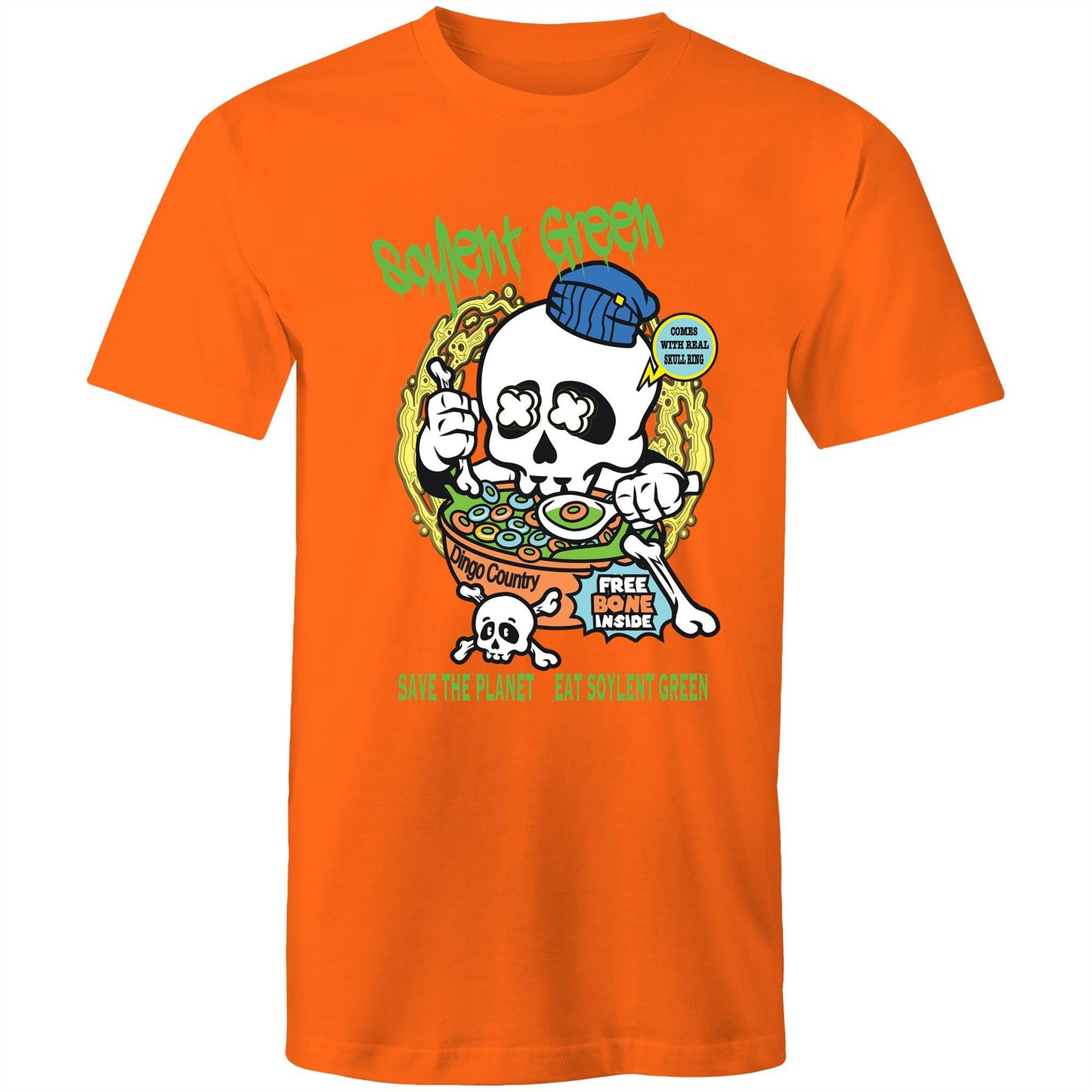 Orange men's T-shirt with a colourful 'Soylent Green' graphic, showcasing a skull eating cereal and a 'Save the Planet, Eat Soylent Green' message.