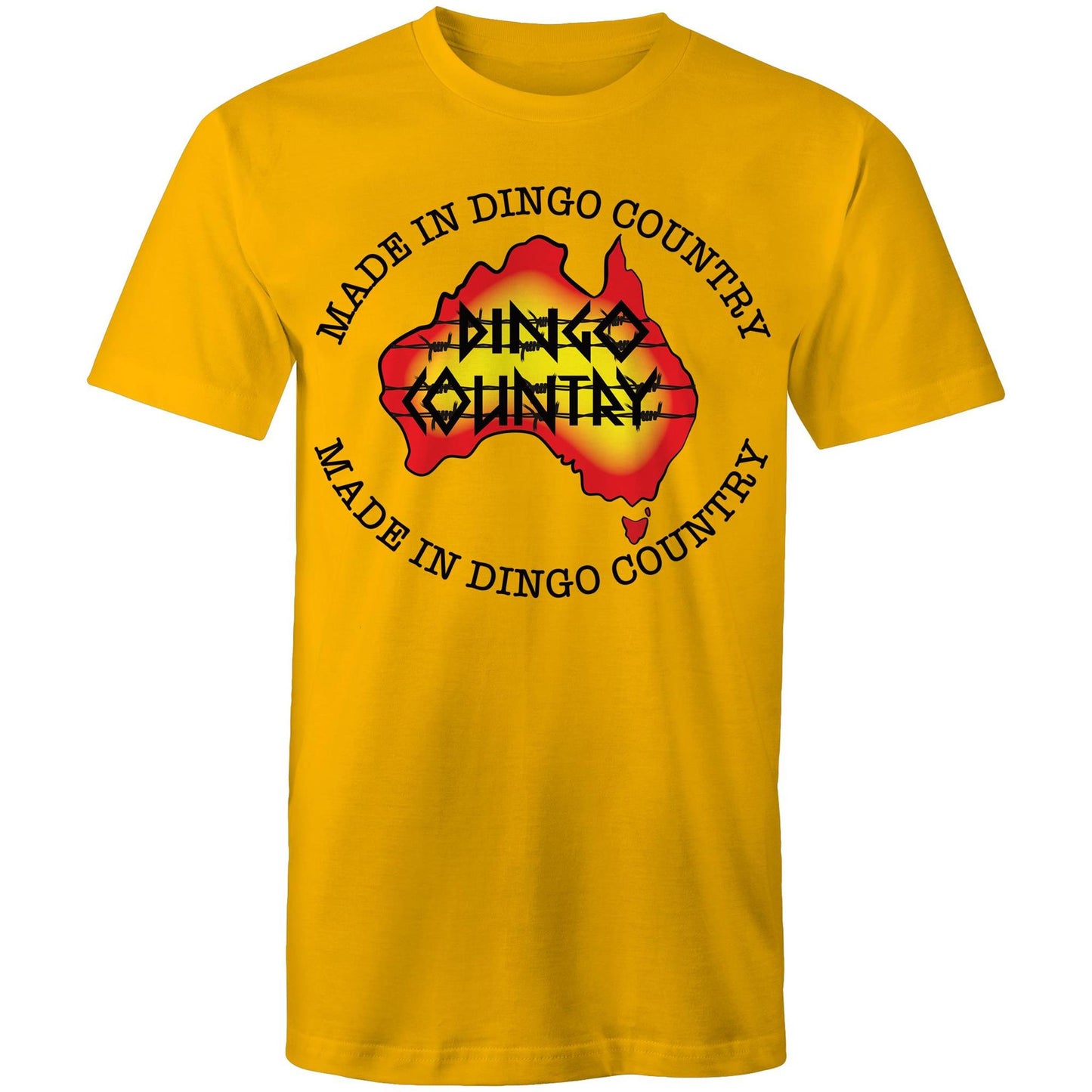 Men's gold T-shirt highlighting a map of Australia with a 'Made in Dingo Country' motif, combining national pride and a sunburnt colour palette.