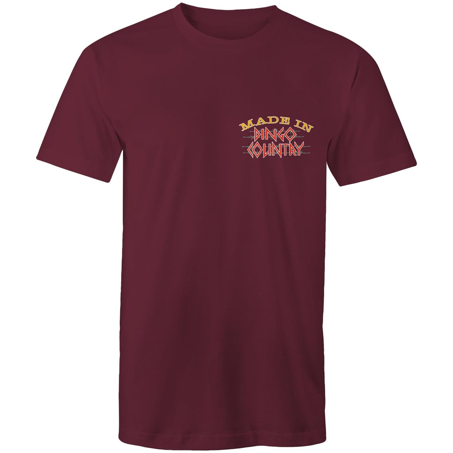 Men's casual burgundy T-shirt with 'Made in Dingo Country' logo on the chest, representing Australian heritage with style.