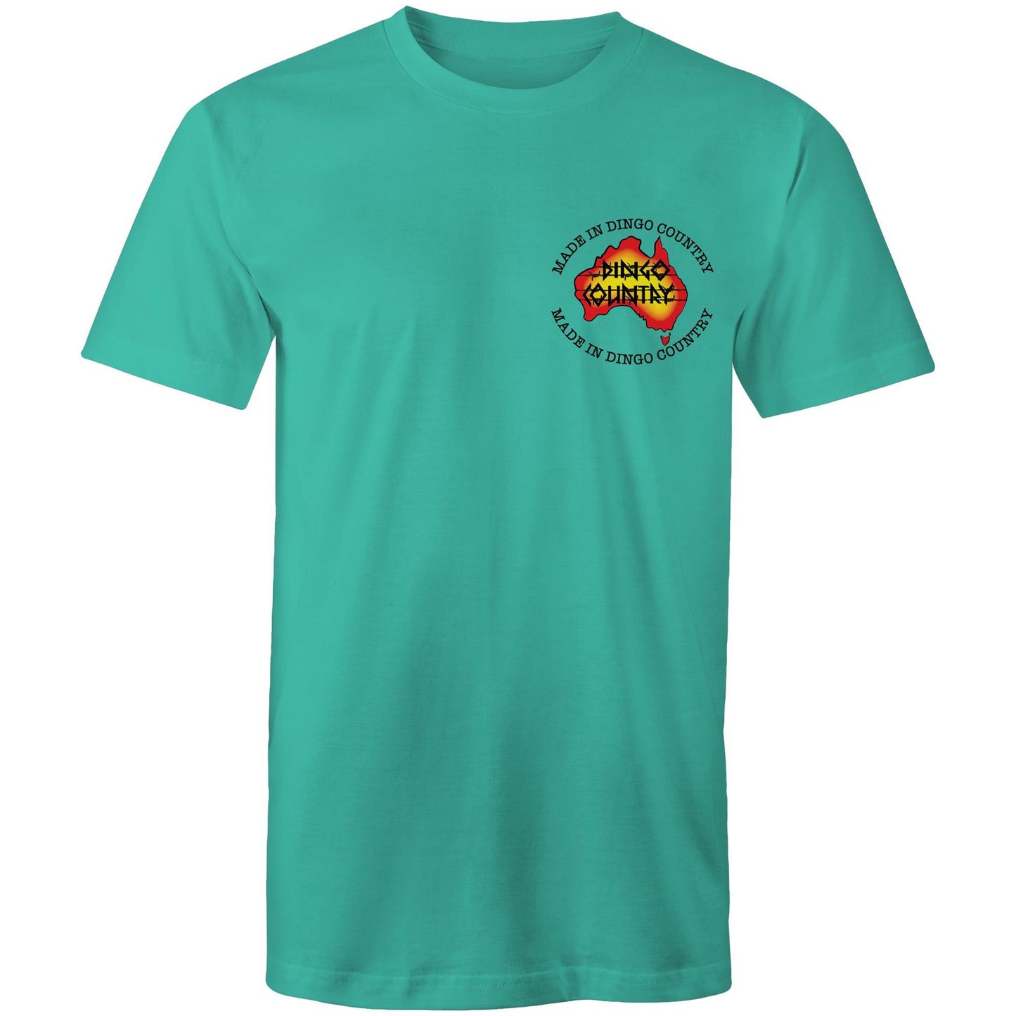 Teal t-shirt with 'Made in Dingo Country' logo on the chest in vibrant Australian colors.