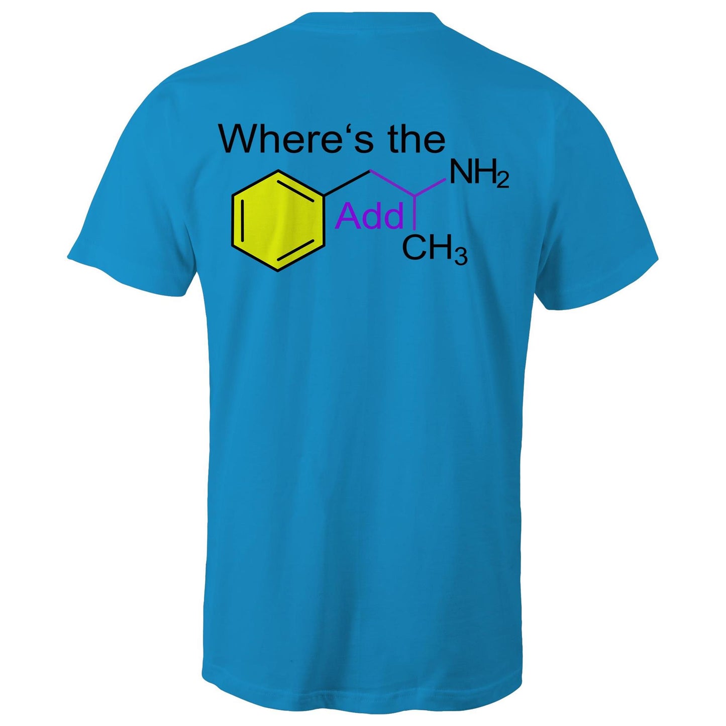 Rear view of a arctic blue men's t-shirt featuring the playful phrase "Where’s the Addy" intertwined with the molecular structure for mixed amphetamine salts. The chemical elements are highlighted with distinct colours for a striking educational yet cheeky design.