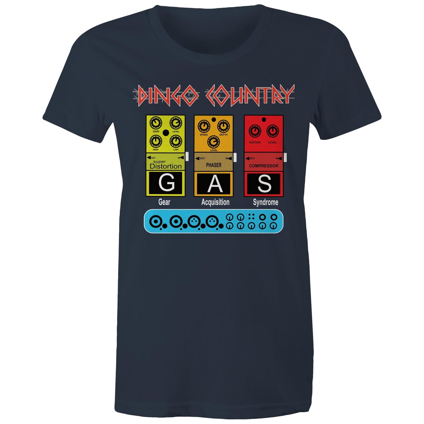 Close-up of the GAS Effect Pedal Women's T-Shirt navy by Dingo Country, celebrating music gear culture