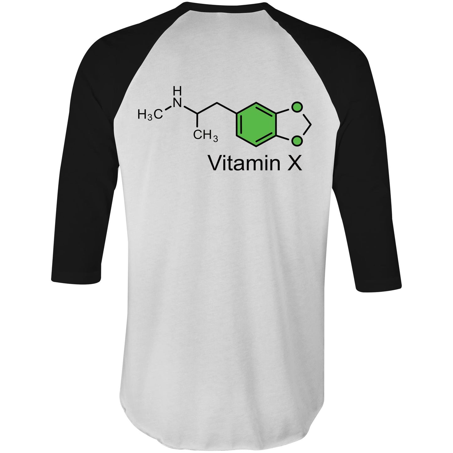 Back view of the raglan black sleeve t-shirt, prominently displaying a large green molecular structure graphic with 'Vitamin X' labeled underneath, referencing the chemical structure of 3,4-Methylenedioxymethamphetamine.