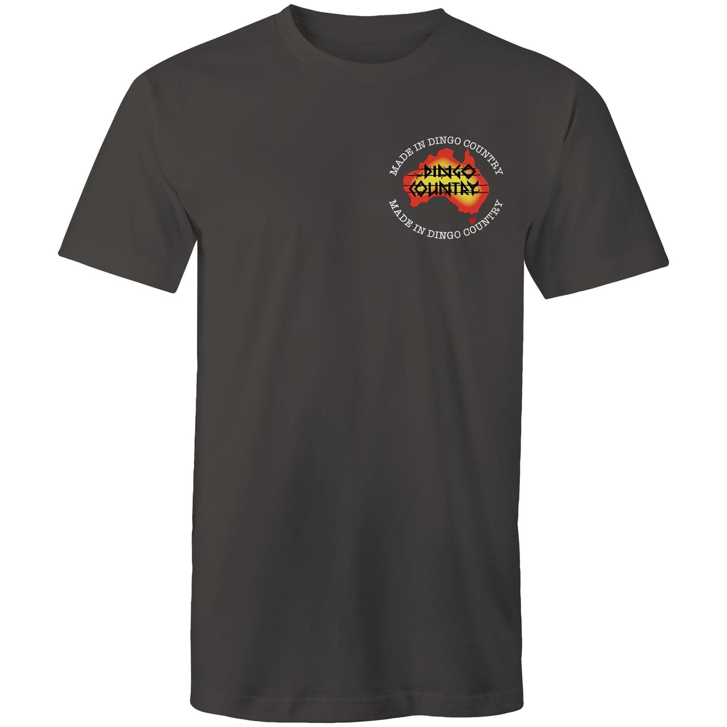 Front view of 'Fly in My Beer' Men's T-Shirt by Dingo Country – plain charcoal tee with the colourful logo reading 'Made in Dingo Country'