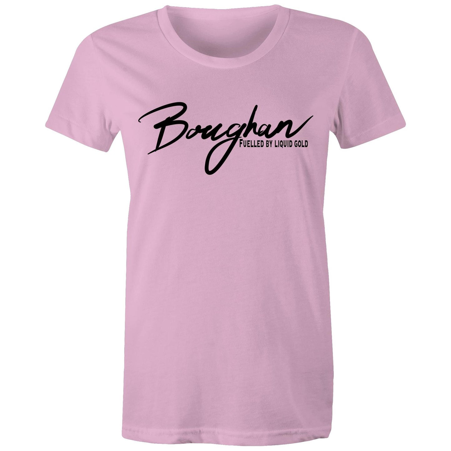 Front view of a pink Women's Maple Tee with 'Boughan - Fuelled by Liquid Gold' text, celebrating Australian beer culture.