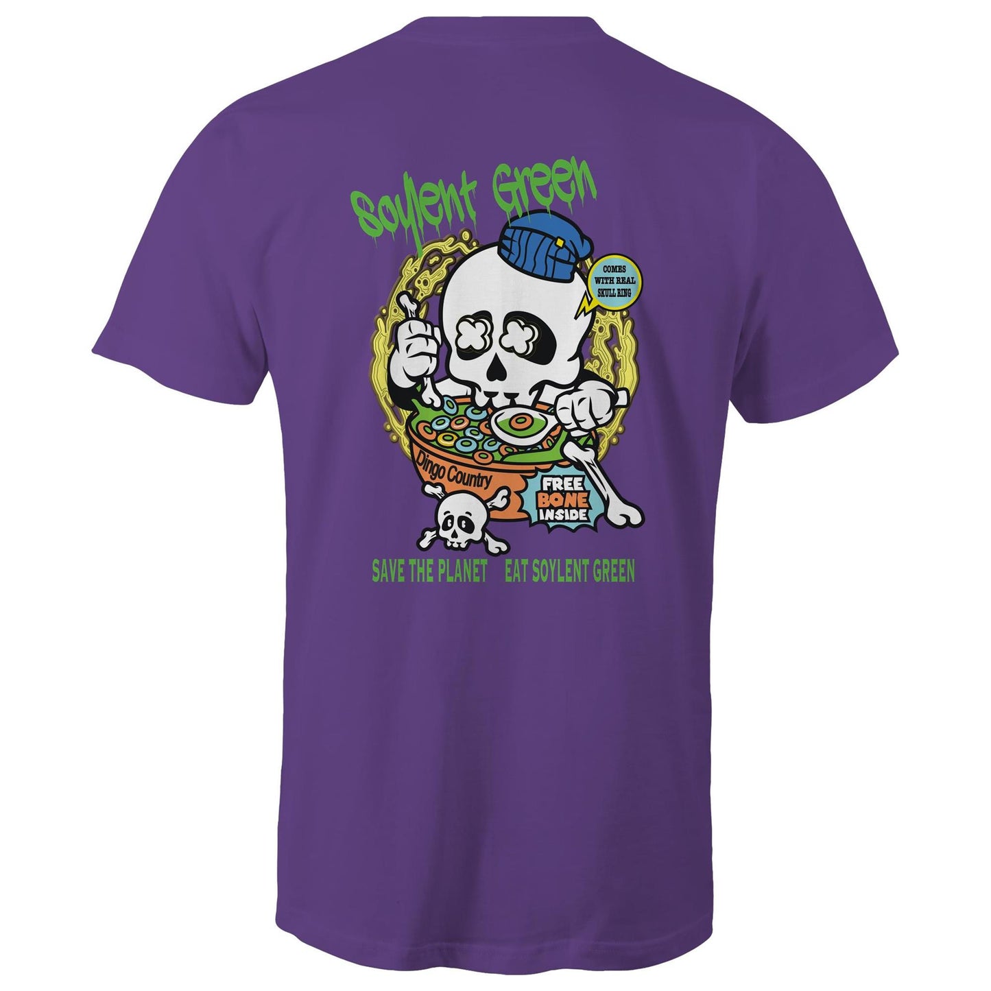 Rear view of a purple T-shirt featuring a colourful 'Soylent Green' graphic with a skull eating cereal, highlighting an environmental message with a twist of dark humour.