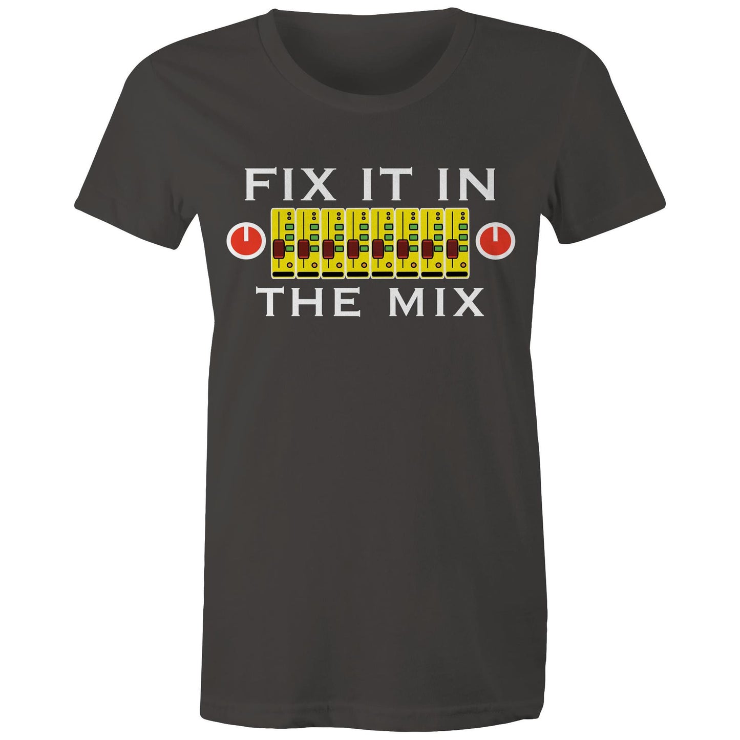 Fix It In The Mix' women's maple tee in Charcoal with colourful mixer design
