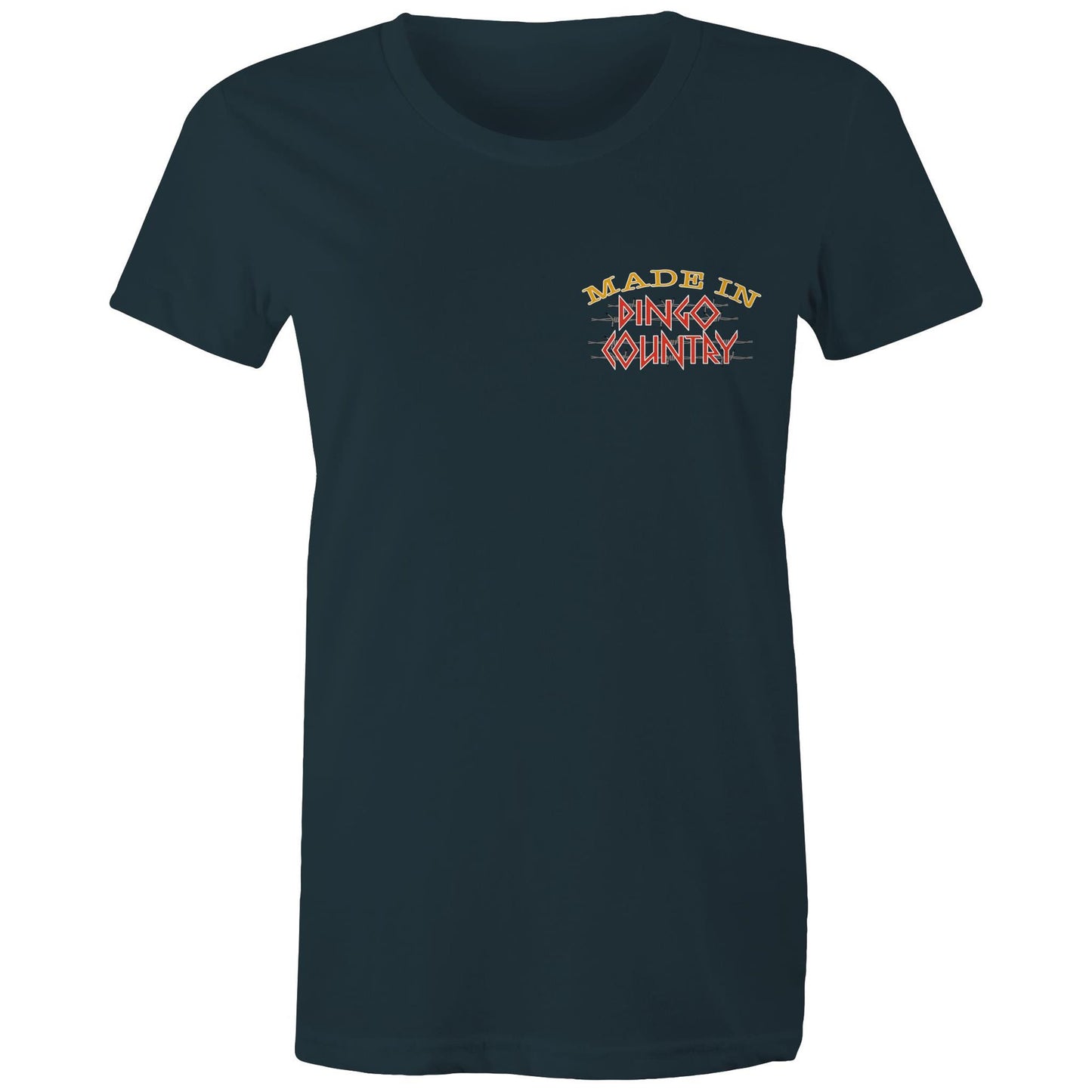 Front view of the indigo 'Fly in My Beer' T-shirt with a small Dingo Country logo on the chest.
