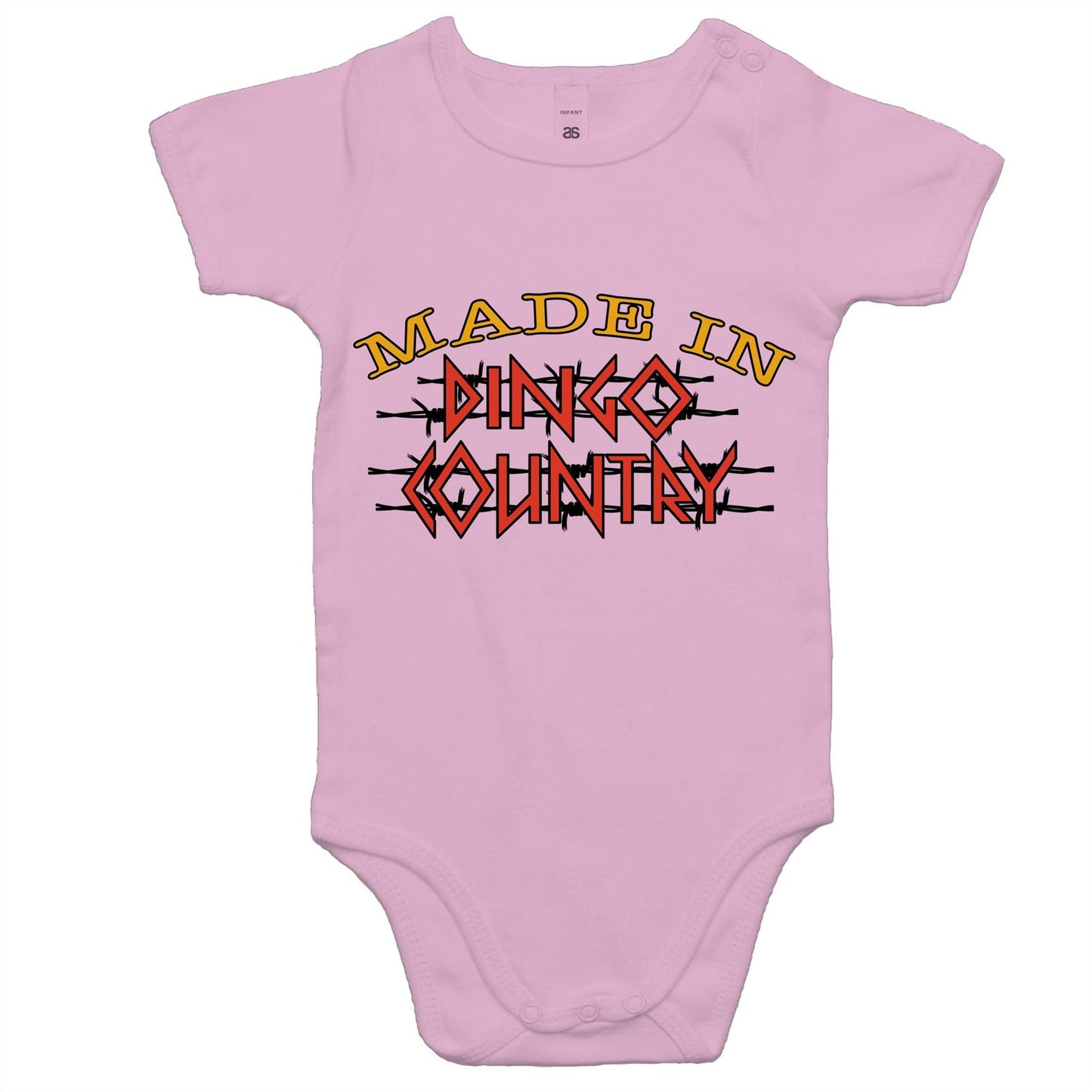 Adorable pink baby onesie featuring 'Made in Dingo Country' design, ideal for the youngest Australian patriots