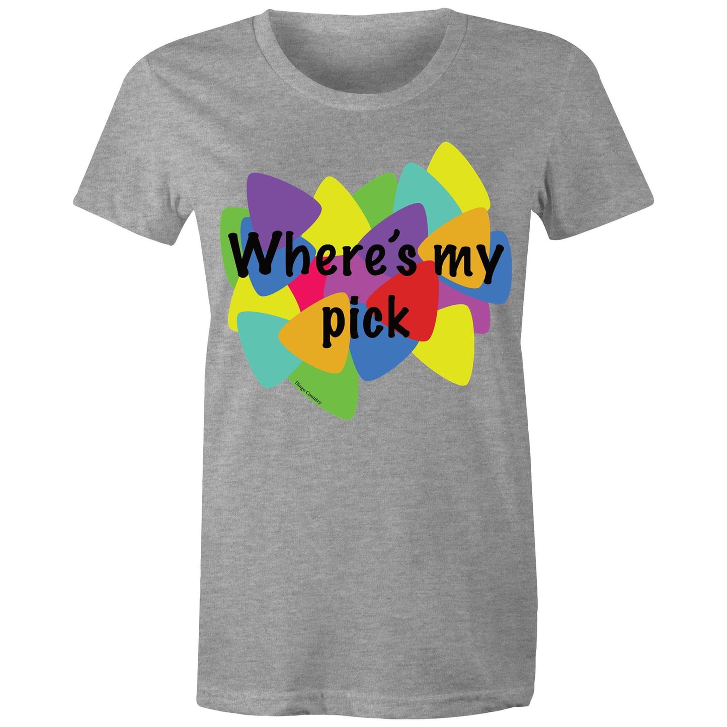 "Where's My Pick" Women's Maple Tee in grey, featuring a colourful and playful guitar pick graphic in the center with the question "Where's my pick" written across, ideal for those who love a blend of music, style, and fun.