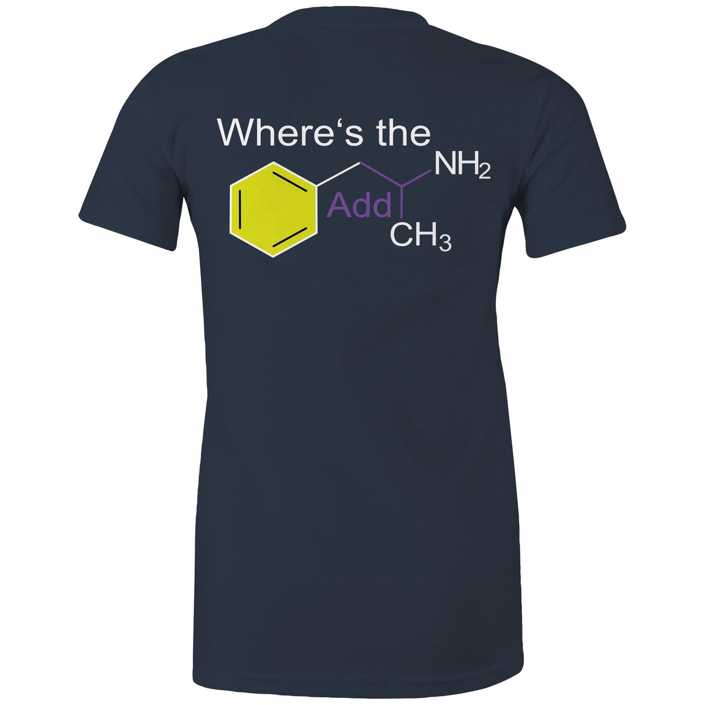 Back view navy women's t-shirt showing a playful twist on chemistry with 'Where’s the Addy' integrated within a colourful molecular structure design.