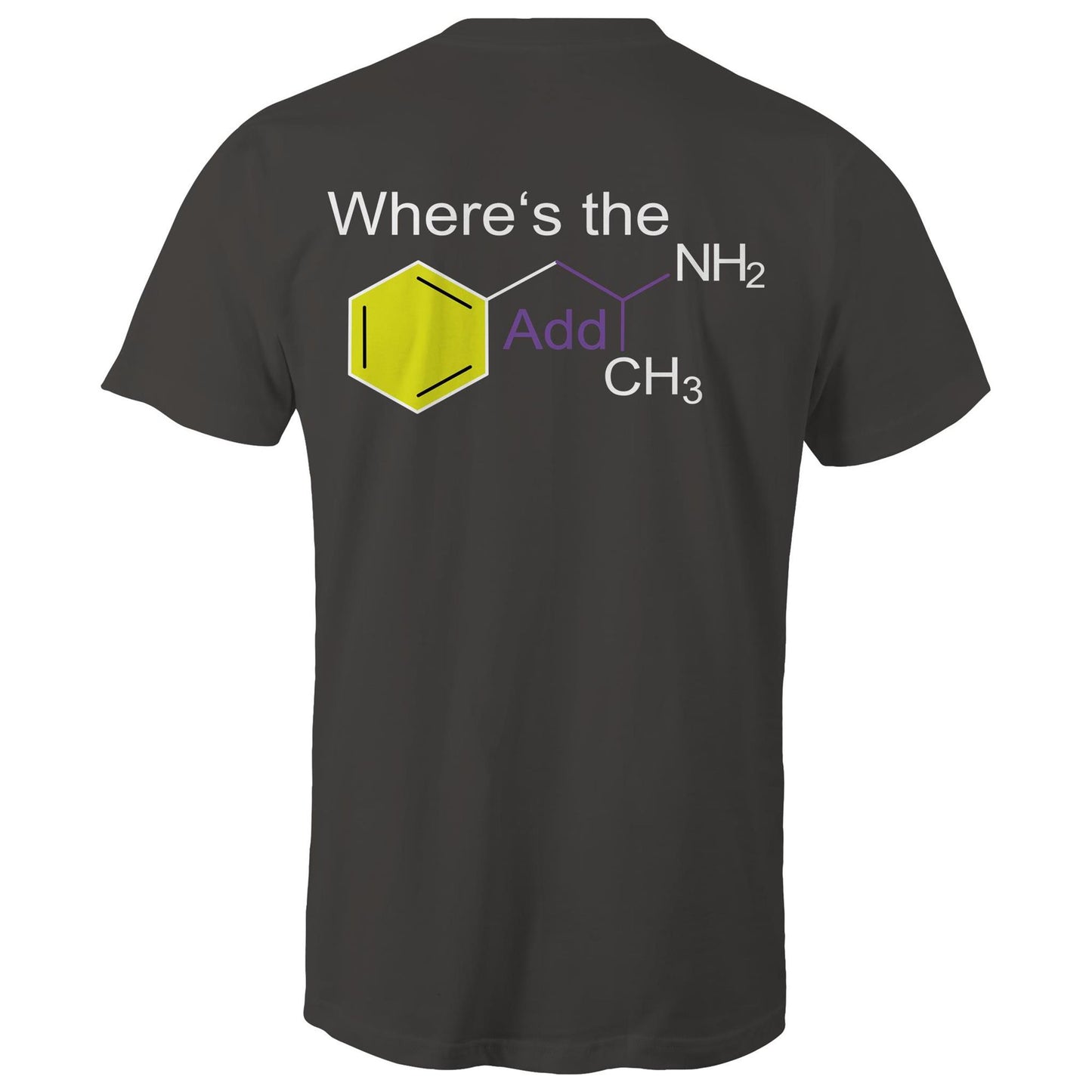 Rear view of a charcoal men's t-shirt featuring the playful phrase "Where’s the Addy" intertwined with the molecular structure for mixed amphetamine salts. The chemical elements are highlighted with distinct colours for a striking educational yet cheeky design.