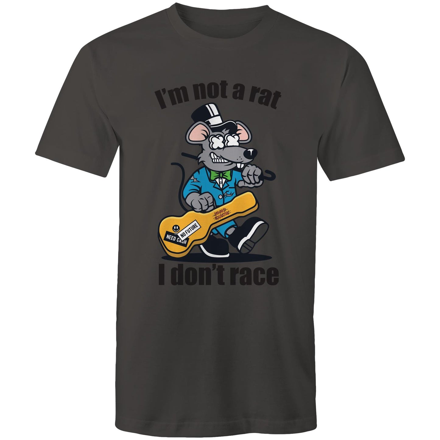 Men's charcoal t-shirt with a cartoon rat playing guitar and 'I'm Not a Rat, I Don't Race' text - part of Dingo Country's Art & Humour Collection.