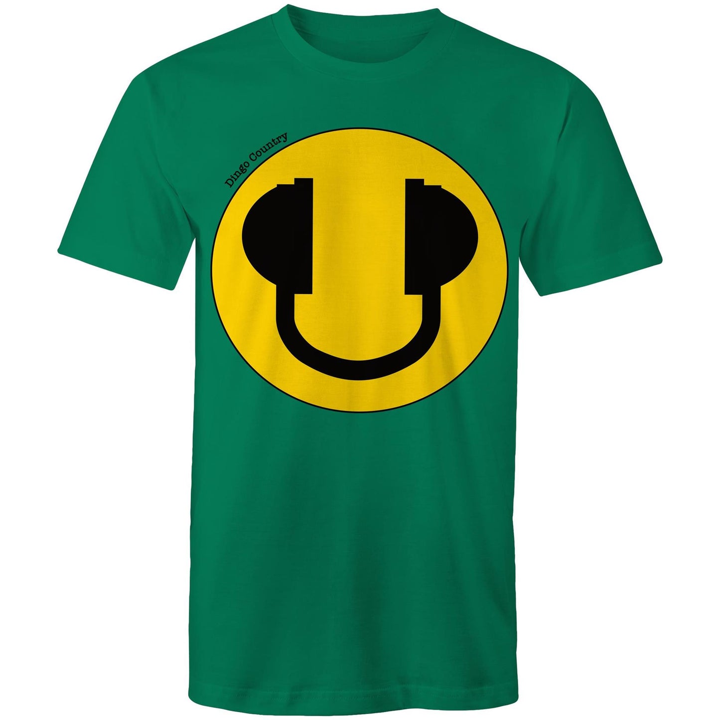 Men's forrest green T-Shirt featuring a large smiley face with headphone design, available in 13 colors, showcasing a playful and music-inspired style from Dingo Country.