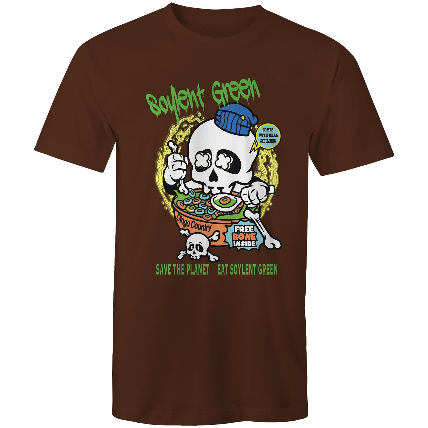 Dark chocolate men's T-shirt with a colourful 'Soylent Green' graphic, showcasing a skull eating cereal and a 'Save the Planet, Eat Soylent Green' message.