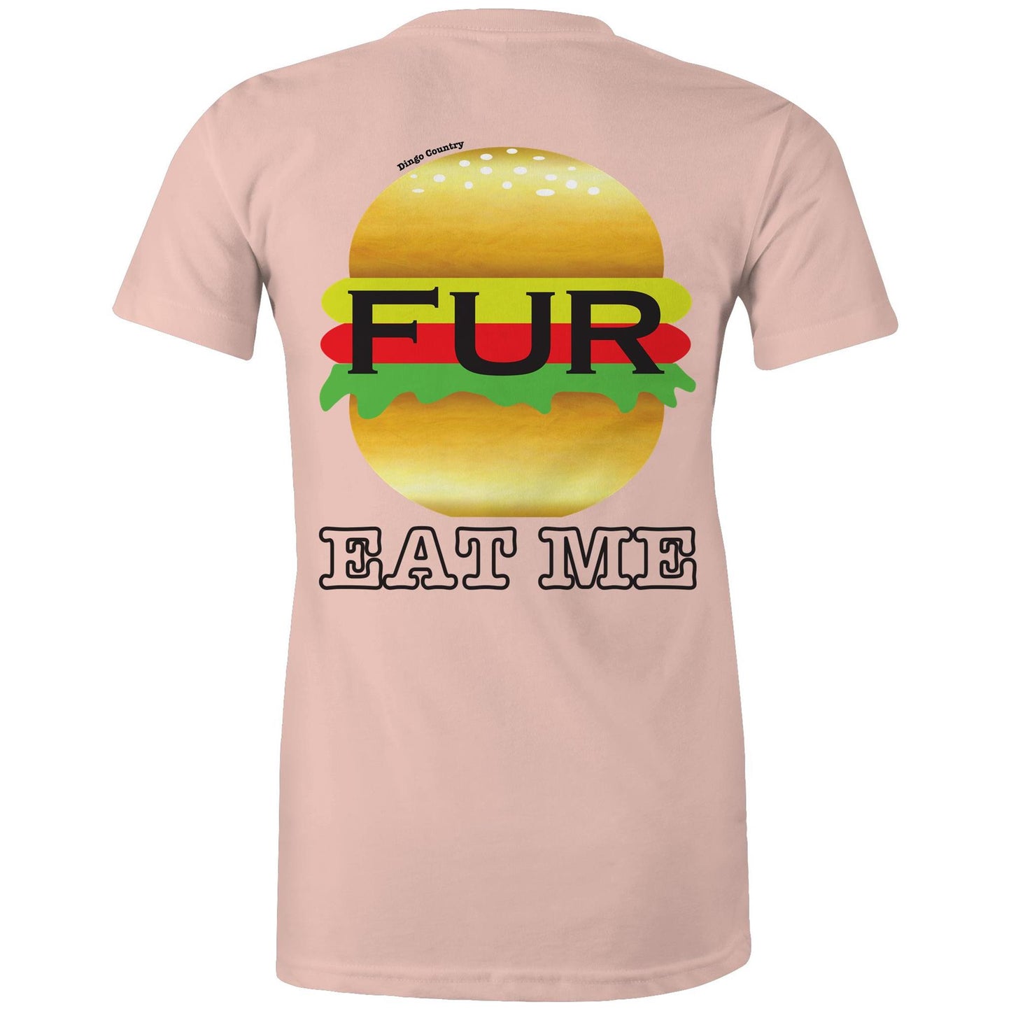 Rear view of Dingo Country's pale pink Maple Tee, with the playful 'FUR BURGER EAT ME' burger graphic.