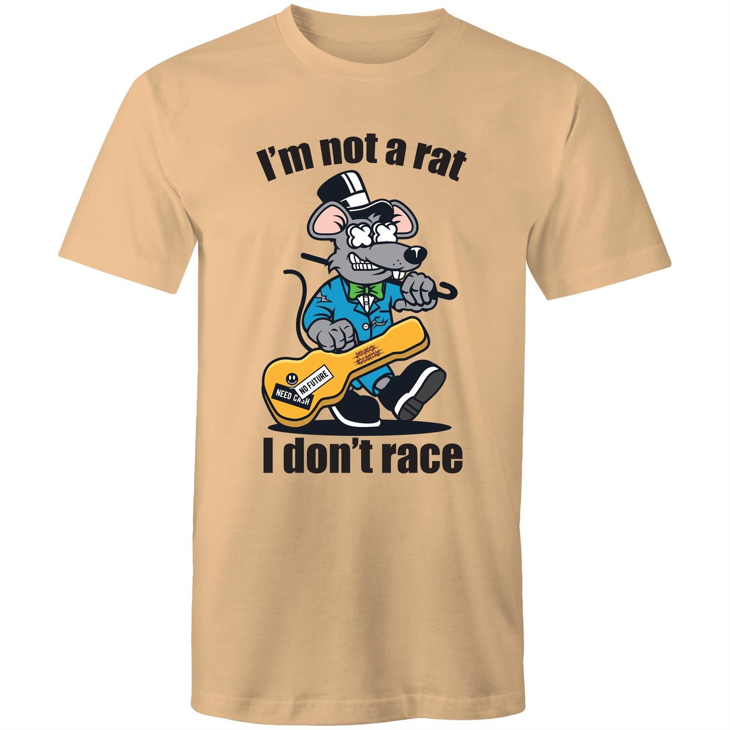 Men's tan t-shirt with a cartoon rat playing guitar and 'I'm Not a Rat, I Don't Race' text - part of Dingo Country's Art & Humour Collection.
