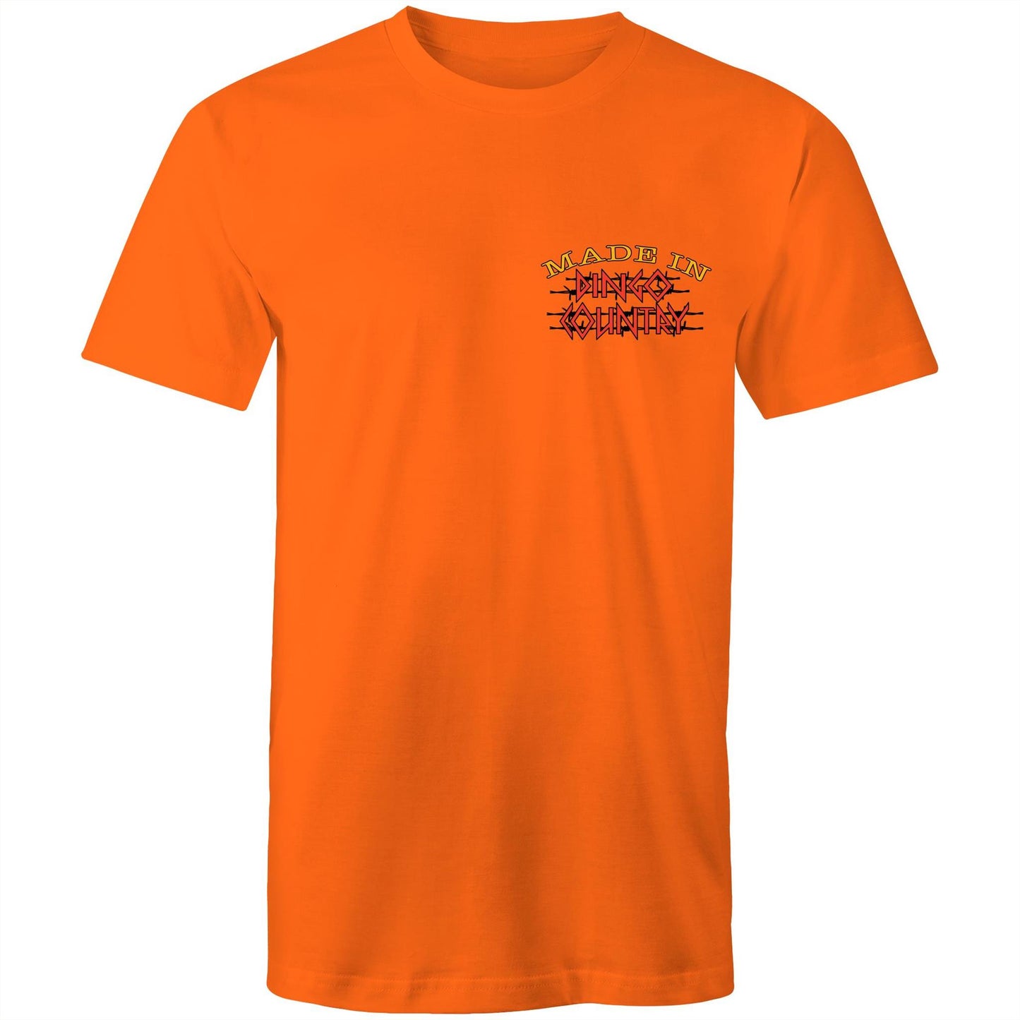 A orange men's t-shirt with a small, central chest print that reads "Made in Dingo Country", The print is stylized with the Australian flag colors and distressed lettering to give a rugged, patriotic feel.
