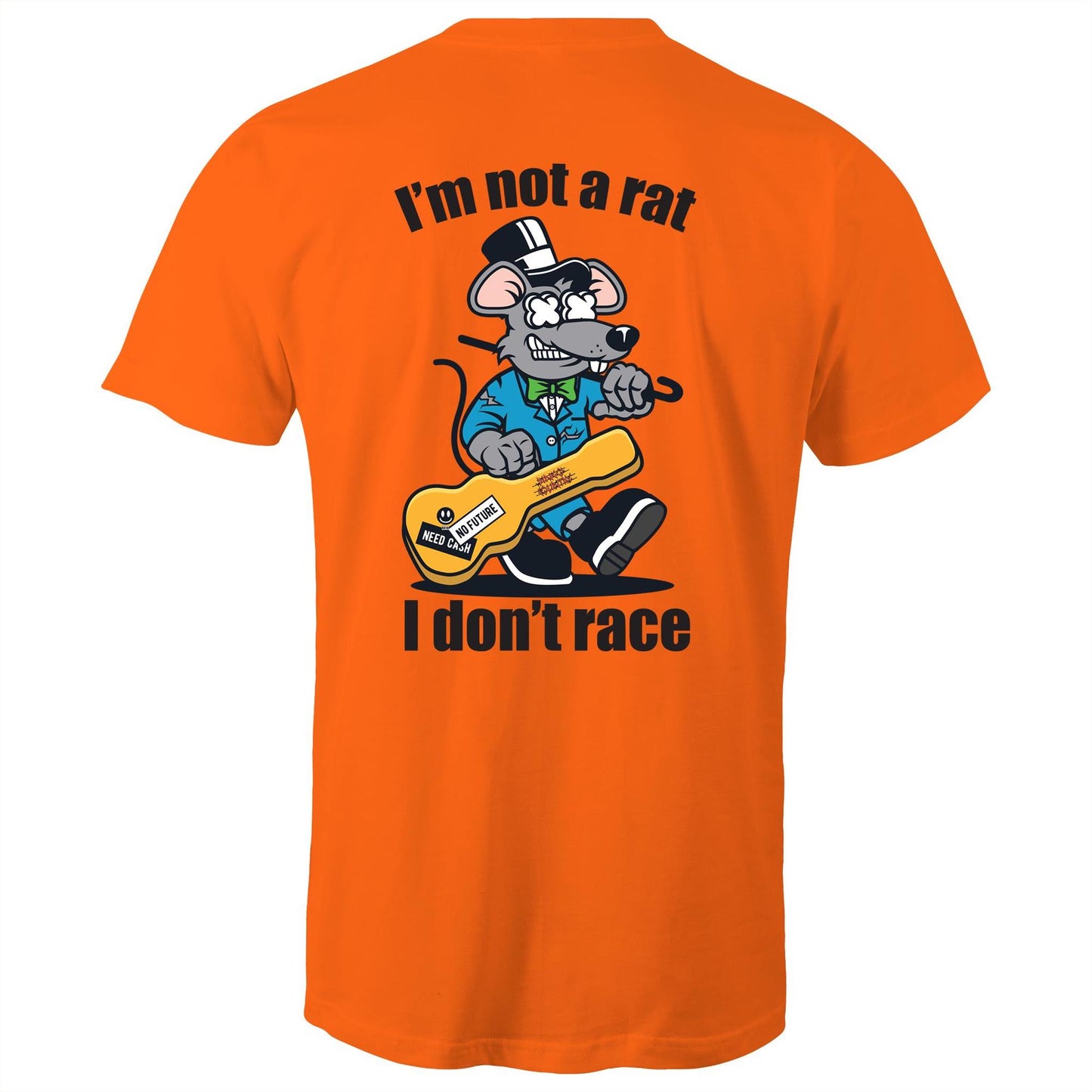 Orange mens T-shirt- Graphic print of a rat playing the guitar with 'I'm Not a Rat, I Don't Race' slogan, showcasing a playful nod to music enthusiasts.