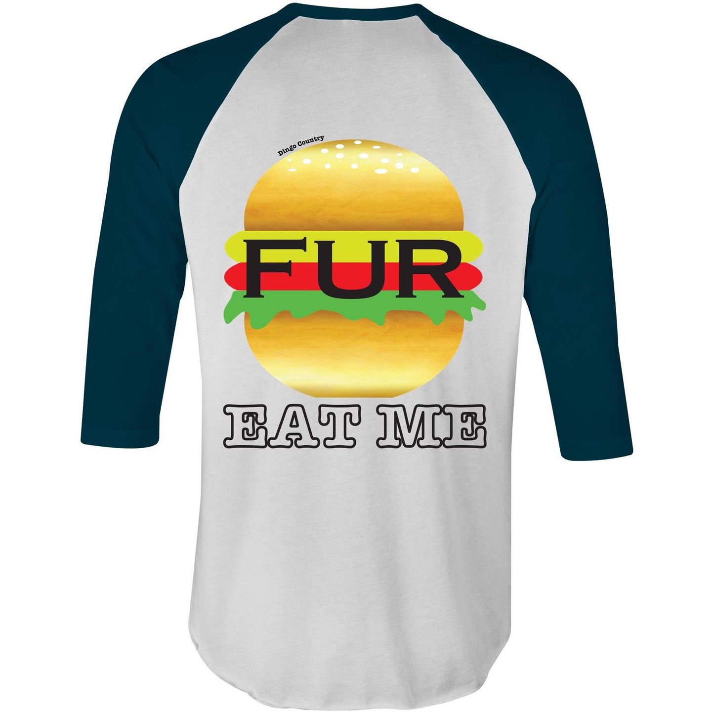 Back of Men's Raglan Tee navy sleeve with humorous 'FUR BURGER EAT ME' burger design - Dingo Country's fun fashion statement.