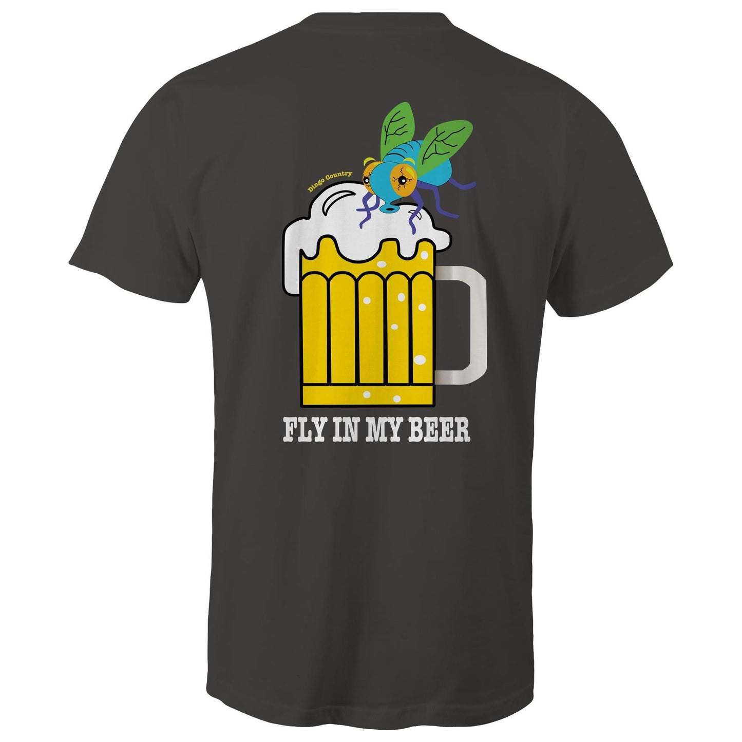 Back view of 'Fly in My Beer' Men's T-Shirt by Dingo Country in charcoal – showcasing a playful graphic of a beer mug with a fly on top and the witty phrase 'Fly in My Beer' in bold letters, symbolising the Aussie outdoor drinking experience.