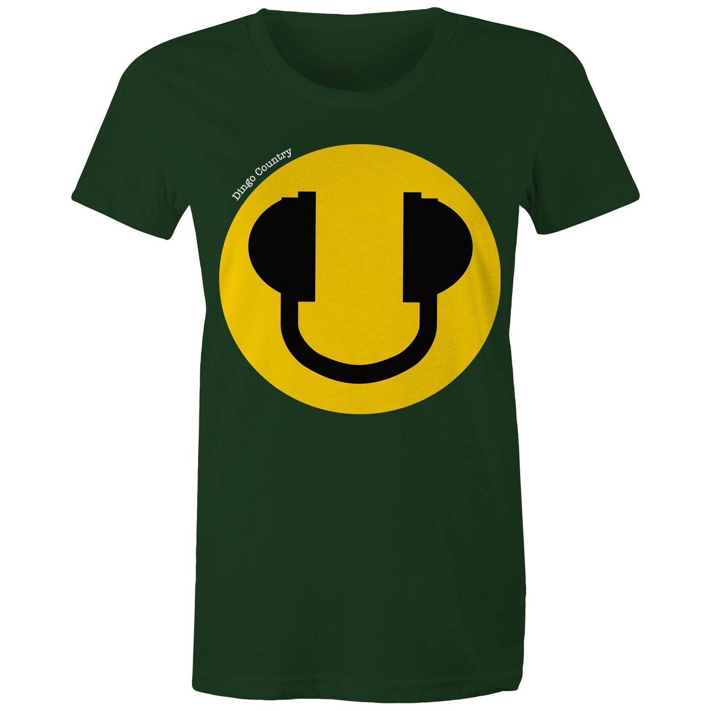 Women's Maple Tee in forrest green with a bold yellow smiley face and headphone design, expressing a fun-loving music vibe, available at Dingo Country.