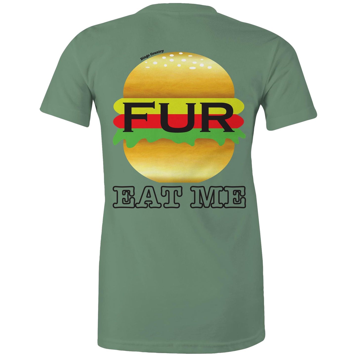 Rear view of Dingo Country's sage Maple Tee, with the playful 'FUR BURGER EAT ME' burger graphic.