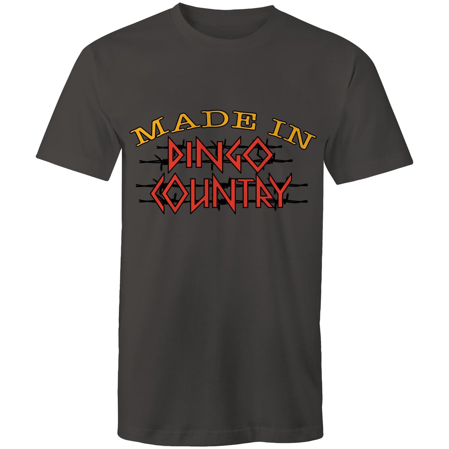 Men's classic charcoal t-shirt emblazoned with 'Made in Dingo Country' logo, available in 11 unique colours to match any style