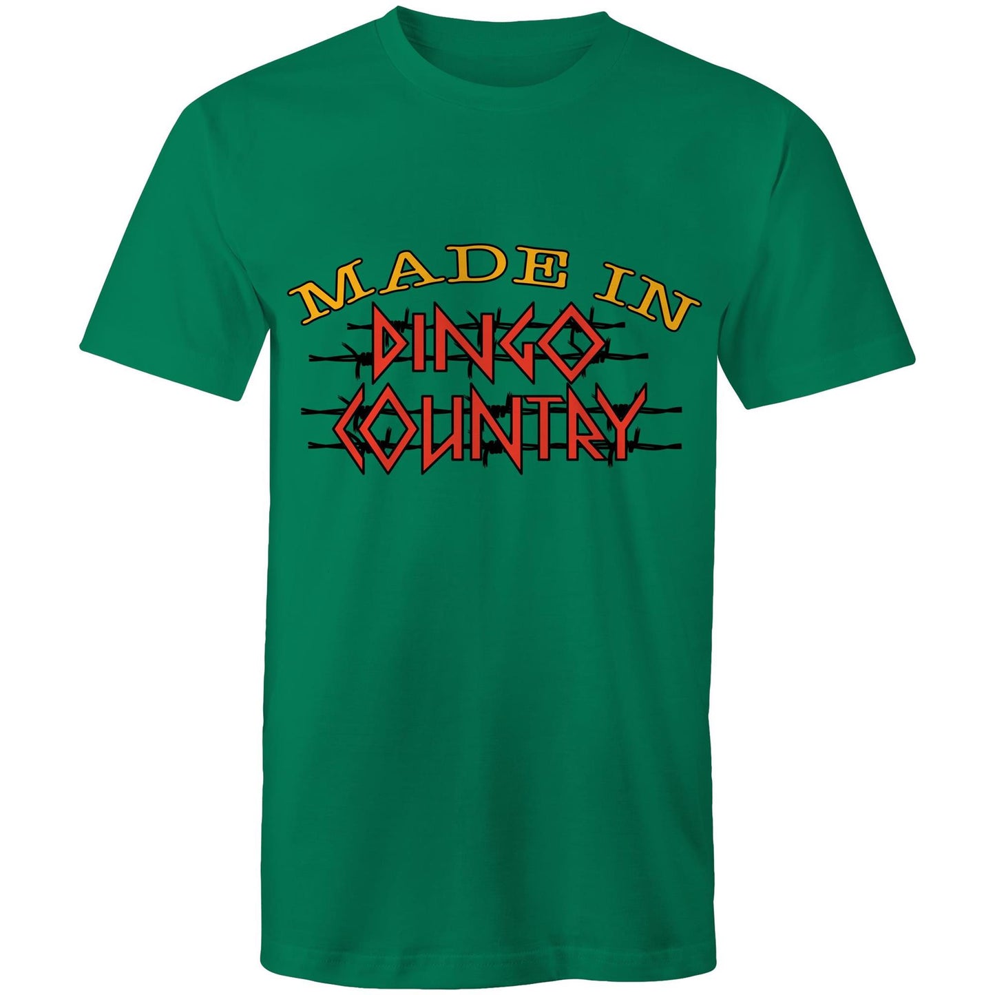 Men's classic kelly green t-shirt emblazoned with 'Made in Dingo Country' logo, available in 11 unique colours to match any style