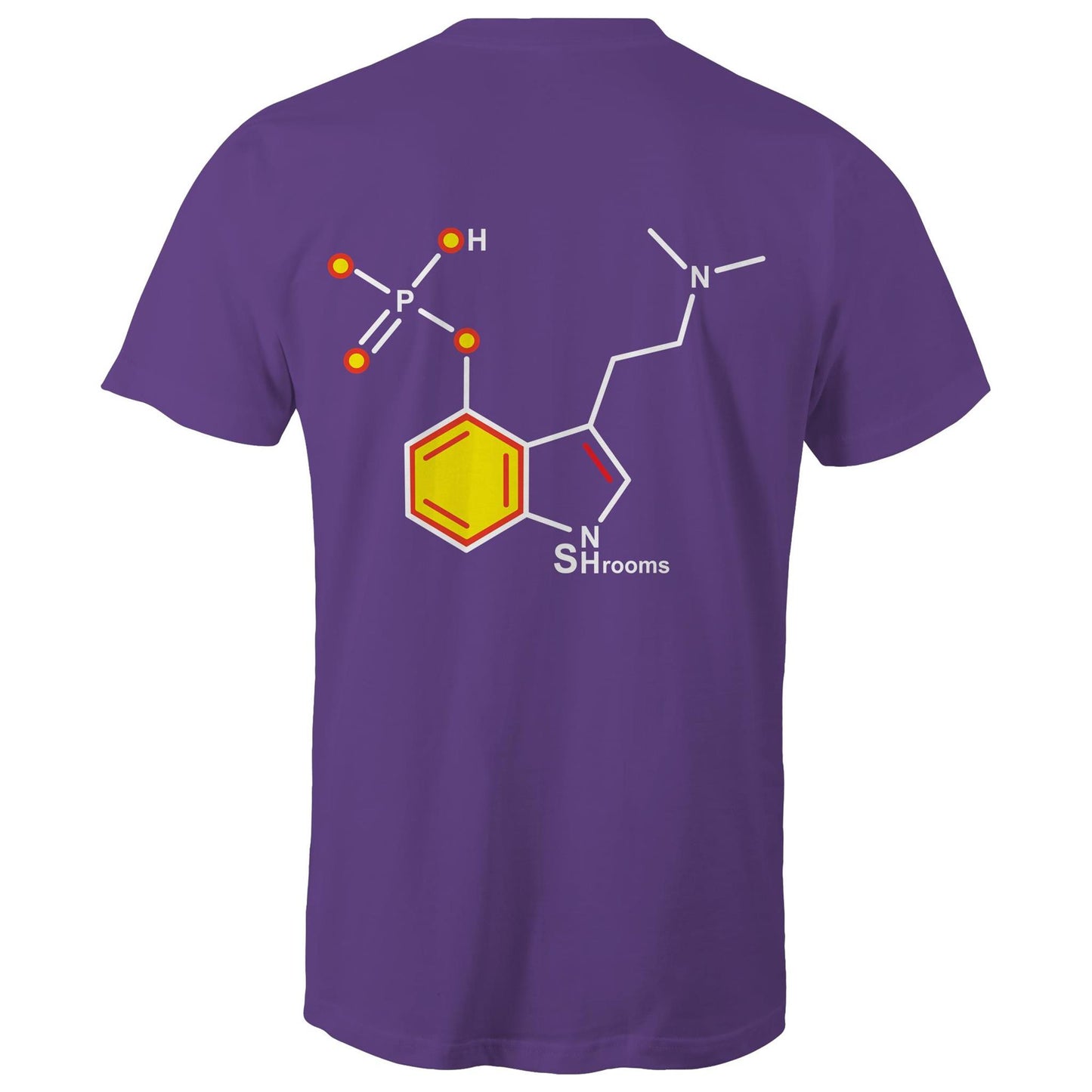 Back of the men's purple T-shirt showcasing the Psilocybin molecule, combining scientific appeal with a sharp, modern design.