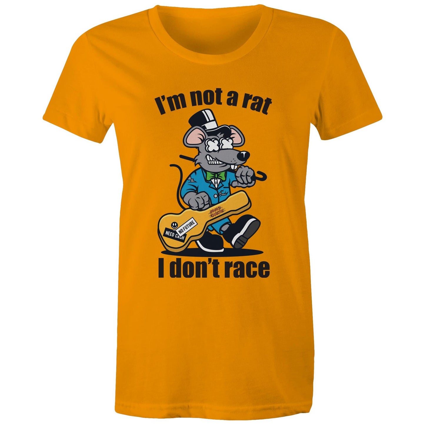Front view of a woman's orange maple tee with a graphic of a guitar-playing rat and the words 'I'm Not a Rat, I Don't Race', exemplifying a fun and laid-back style