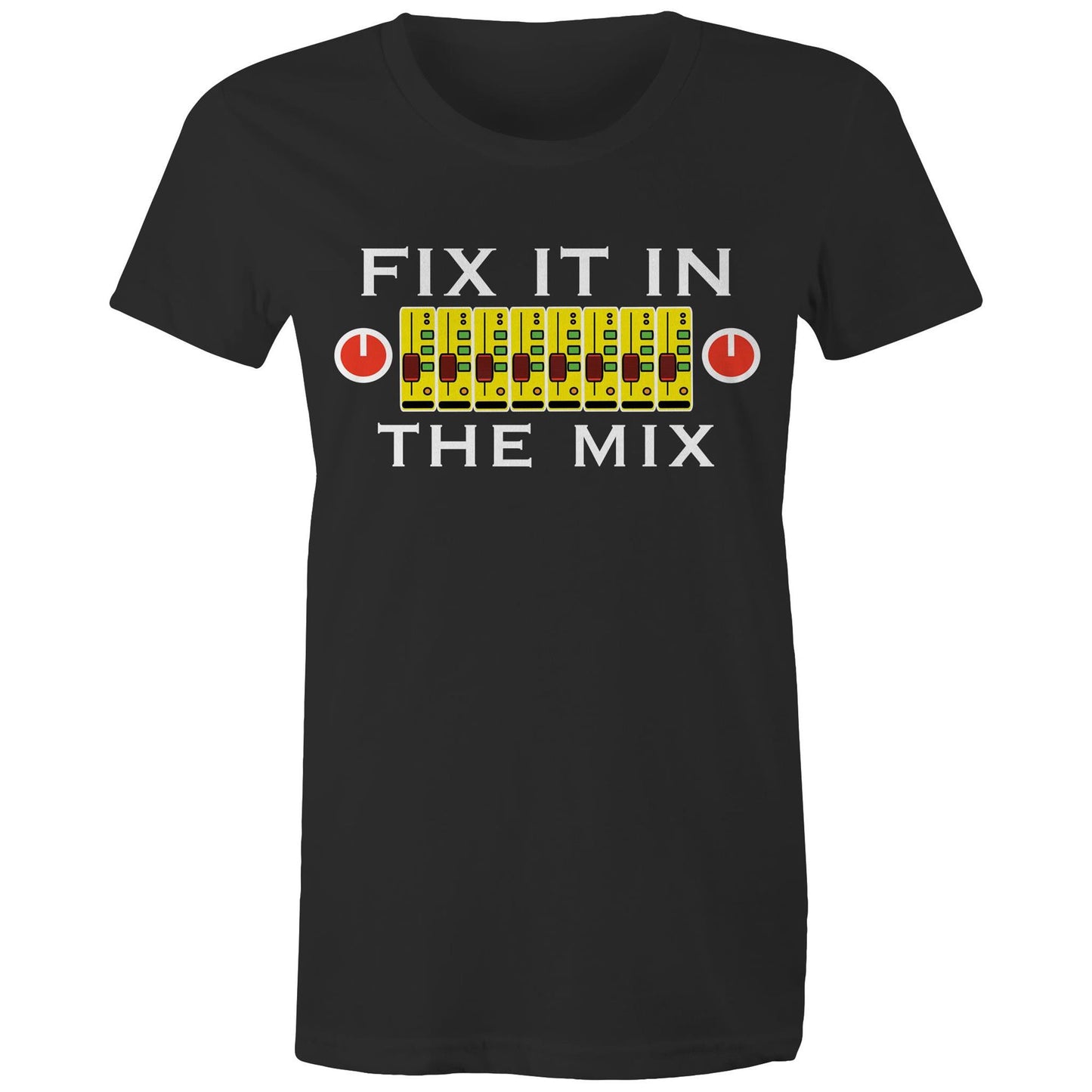 Fix It In The Mix' women's maple tee in black with colorful mixer design