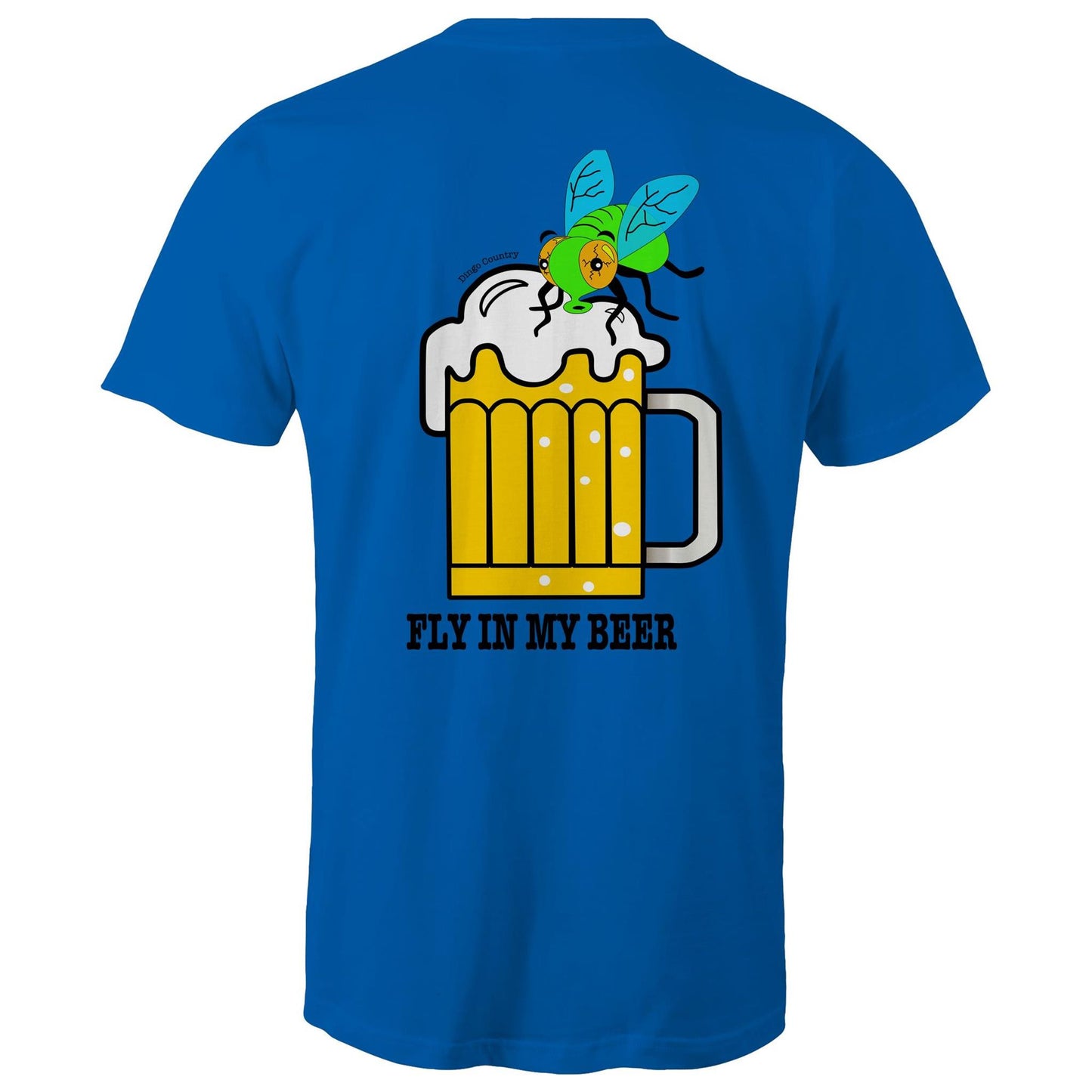 Back view of 'Fly in My Beer' Men's T-Shirt by Dingo Country in Bright royal – showcasing a playful graphic of a beer mug with a fly on top and the witty phrase 'Fly in My Beer' in bold letters, symbolising the Aussie outdoor drinking experience.