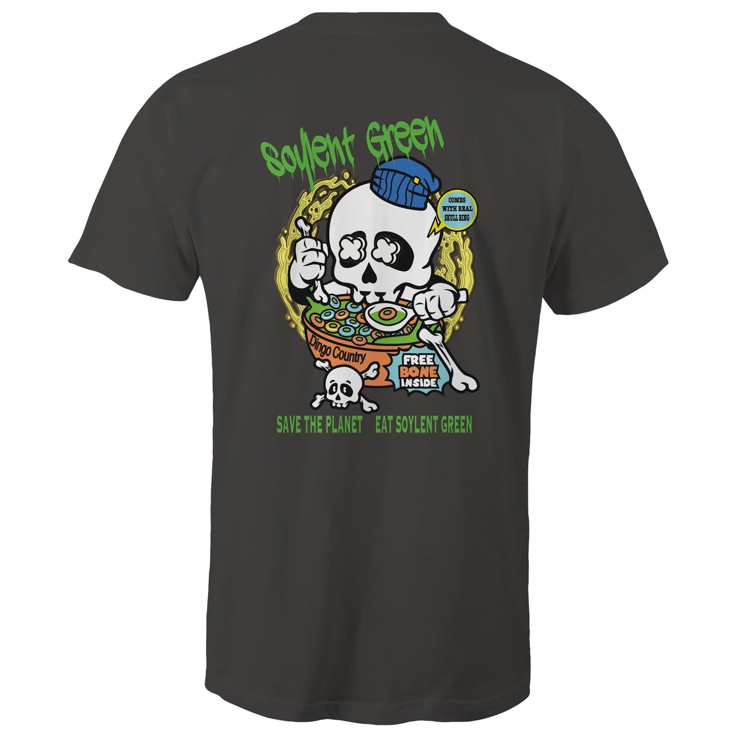 Rear view of a charcoal T-shirt featuring a colourful 'Soylent Green' graphic with a skull eating cereal, highlighting an environmental message with a twist of dark humour.