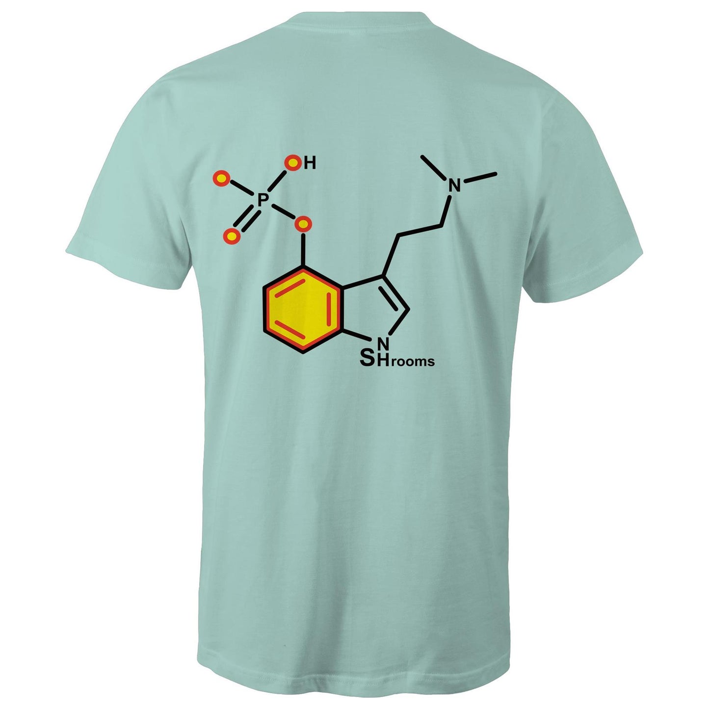 Back of the men's aqua T-shirt showcasing the Psilocybin molecule, combining scientific appeal with a sharp, modern design.