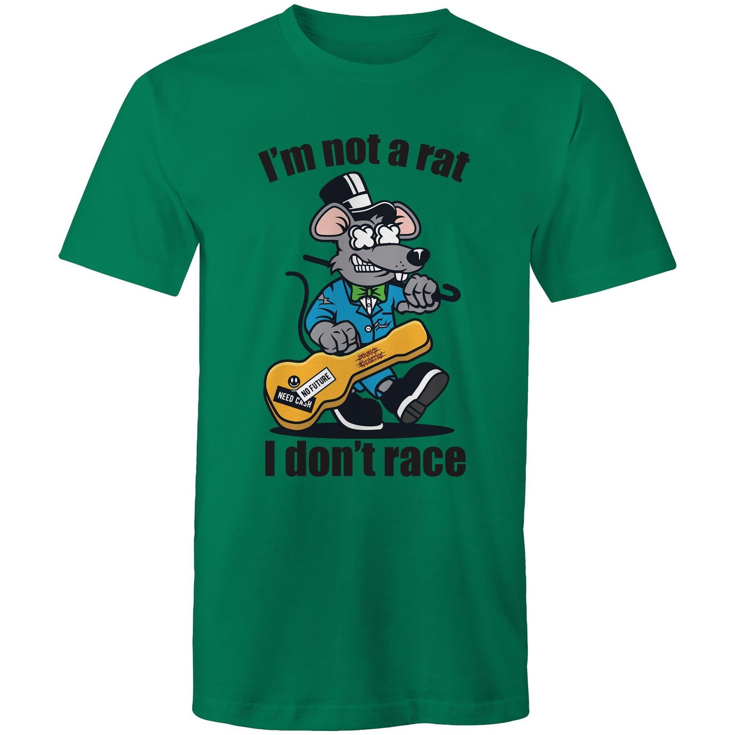 Men's Kelly green t-shirt with a cartoon rat playing guitar and 'I'm Not a Rat, I Don't Race' text - part of Dingo Country's Art & Humour Collection.