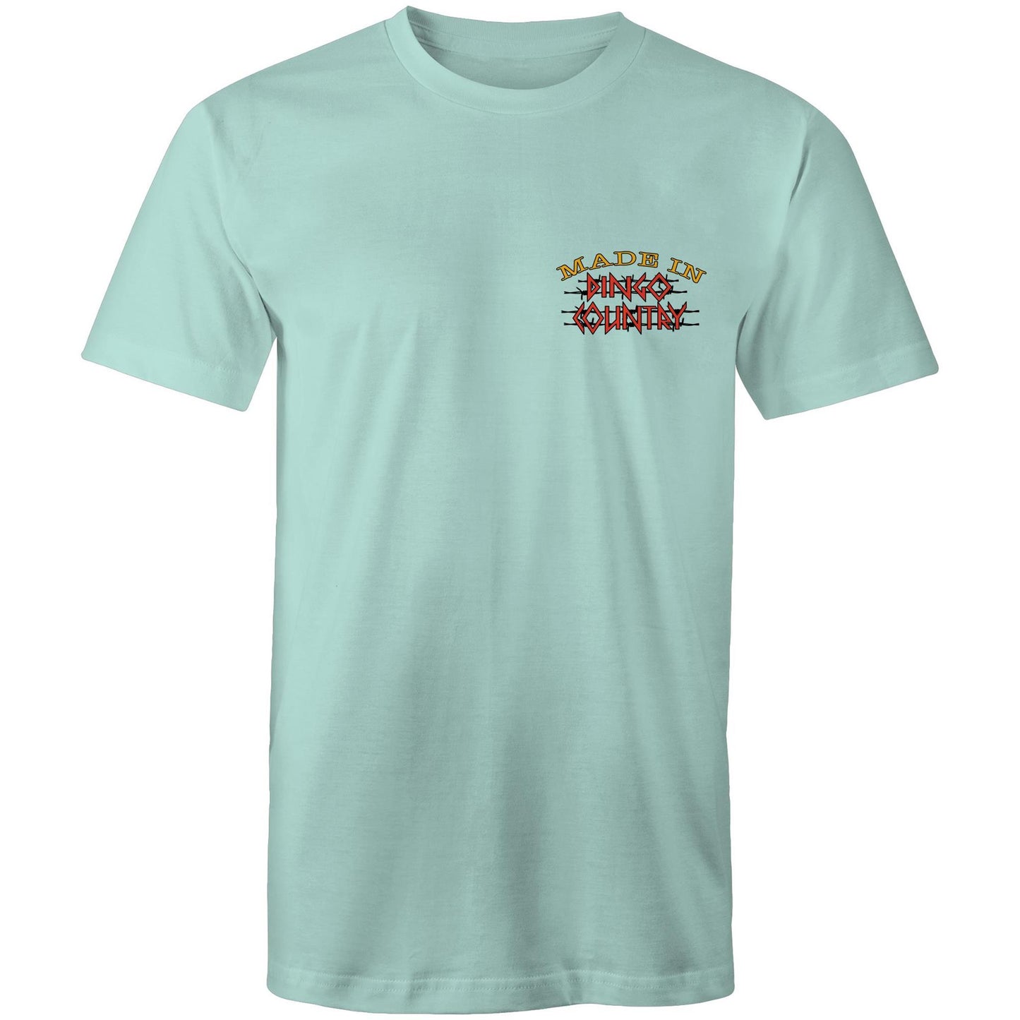 Men's casual aqua T-shirt with 'Made in Dingo Country' logo on the chest, representing Australian heritage with style.