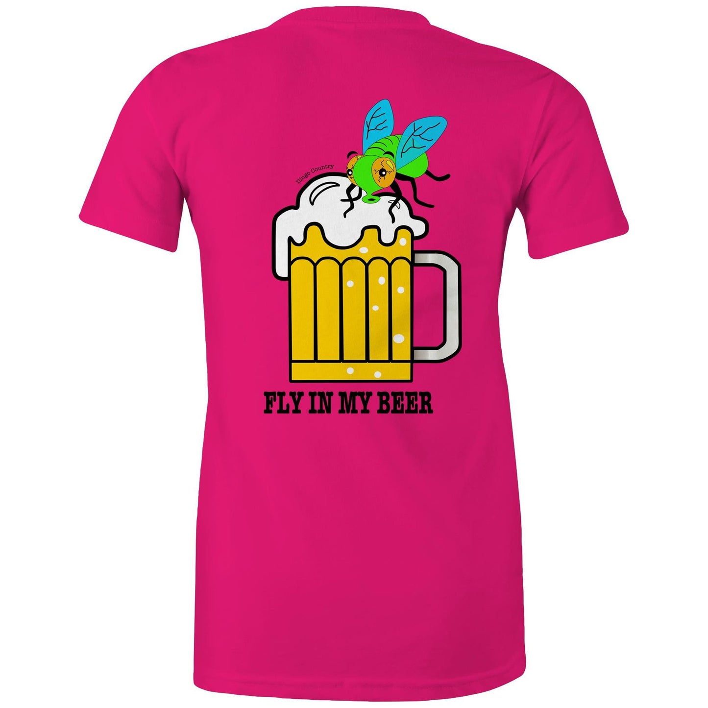 Back view of the fuchsia 'Fly in My Beer' T-shirt featuring a humorous print with a cartoon fly in a frothy beer mug and the playful text below