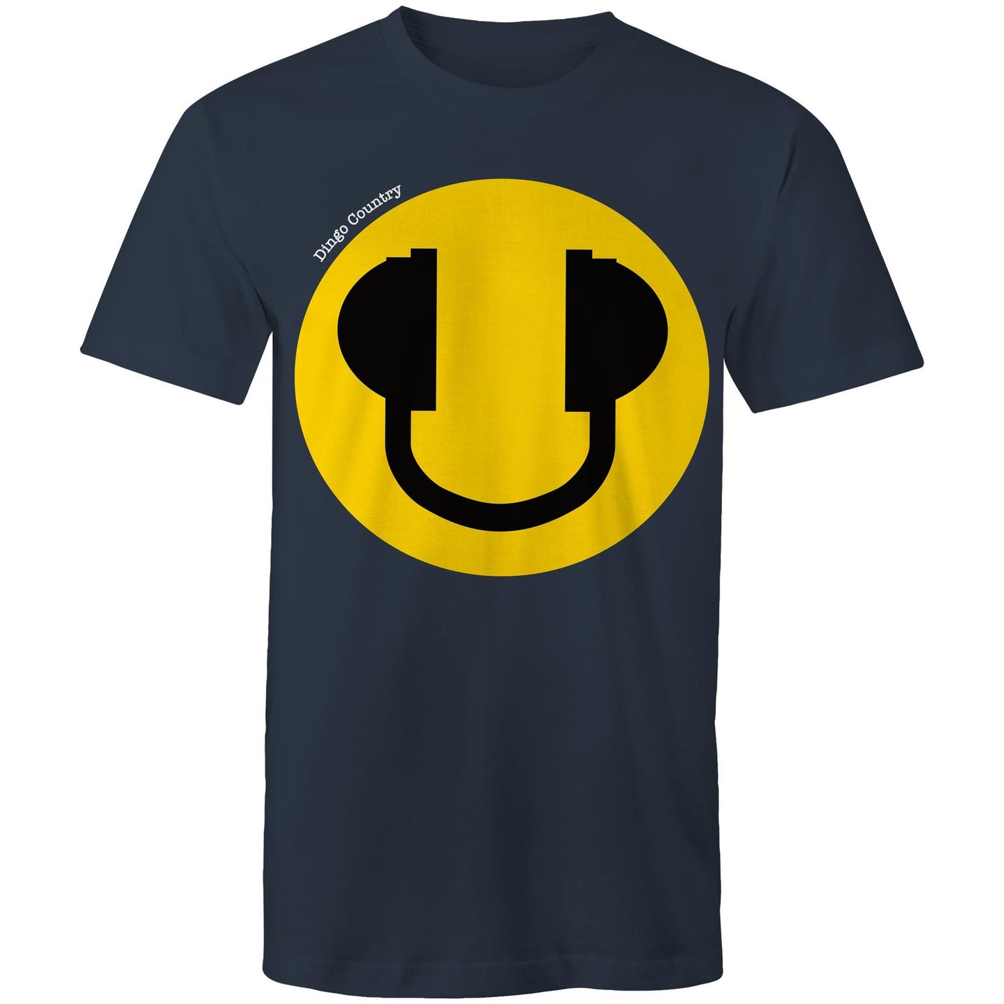 Men's navy T-Shirt featuring a large smiley face with headphone design, available in 13 colors, showcasing a playful and music-inspired style from Dingo Country.
