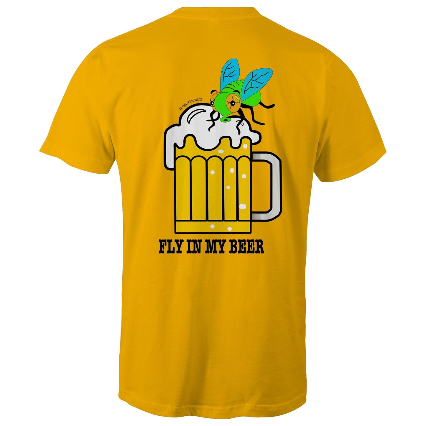 Back view of 'Fly in My Beer' Men's T-Shirt by Dingo Country in gold – showcasing a playful graphic of a beer mug with a fly on top and the witty phrase 'Fly in My Beer' in bold letters, symbolising the Aussie outdoor drinking experience.