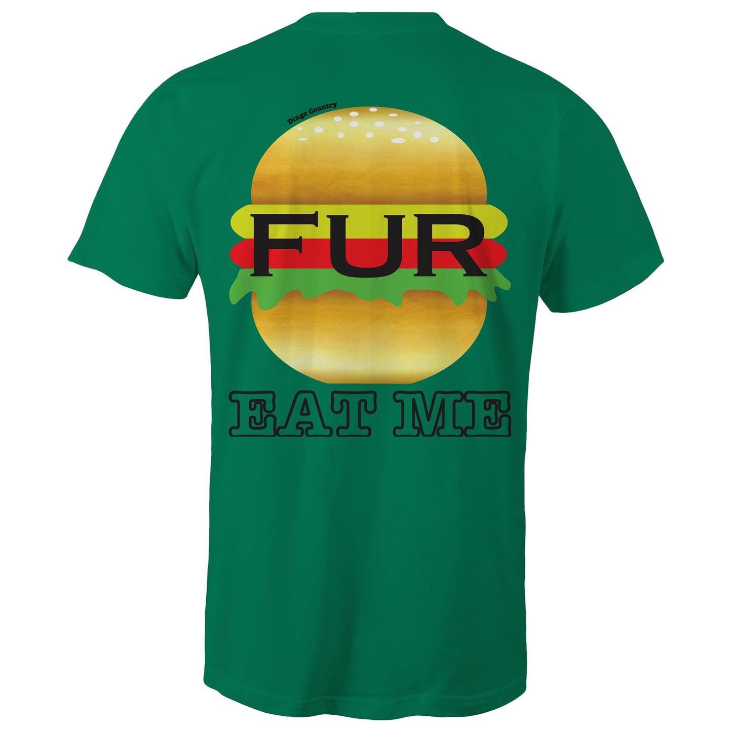Back of Kelly green t-shirt displaying a humorous 'EAT ME' text with a stylized Fur burger graphic, blending Australian slang with playful design