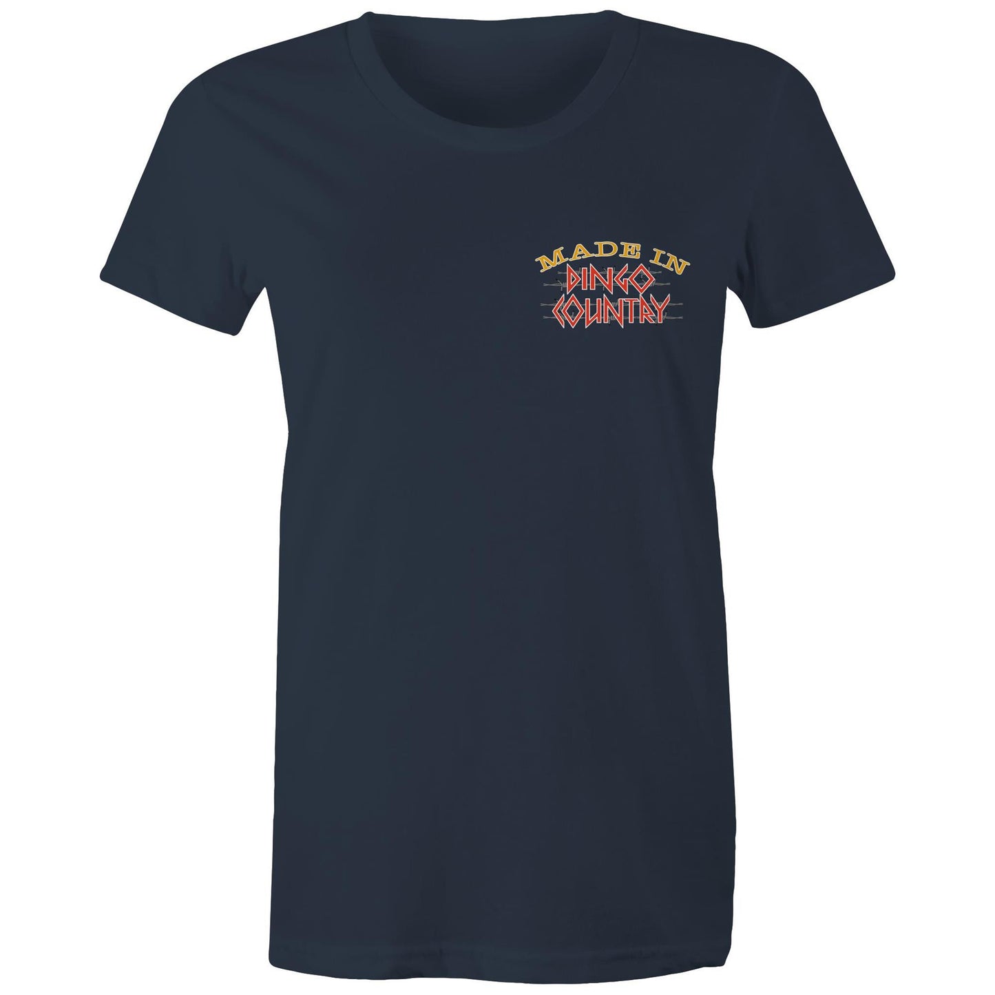 Front view of Dingo Country's navy Maple Tee, featuring the iconic 'Made in Dingo Country' logo.