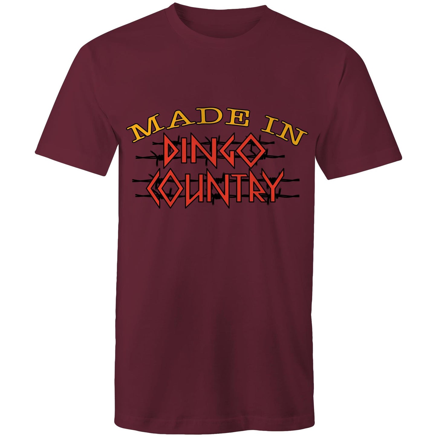 Men's classic burgundy t-shirt emblazoned with 'Made in Dingo Country' logo, available in 11 unique colours to match any style