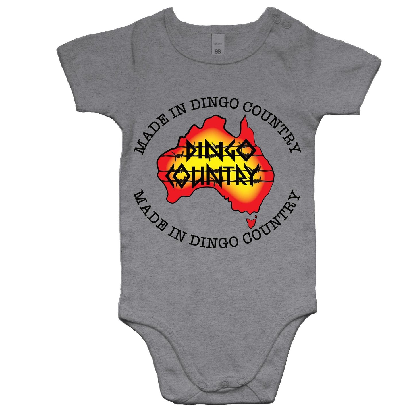 Cute baby onesie in grey with 'Made in Dingo Country' Australian map design, available in three soft colours for a charming infant outfit.