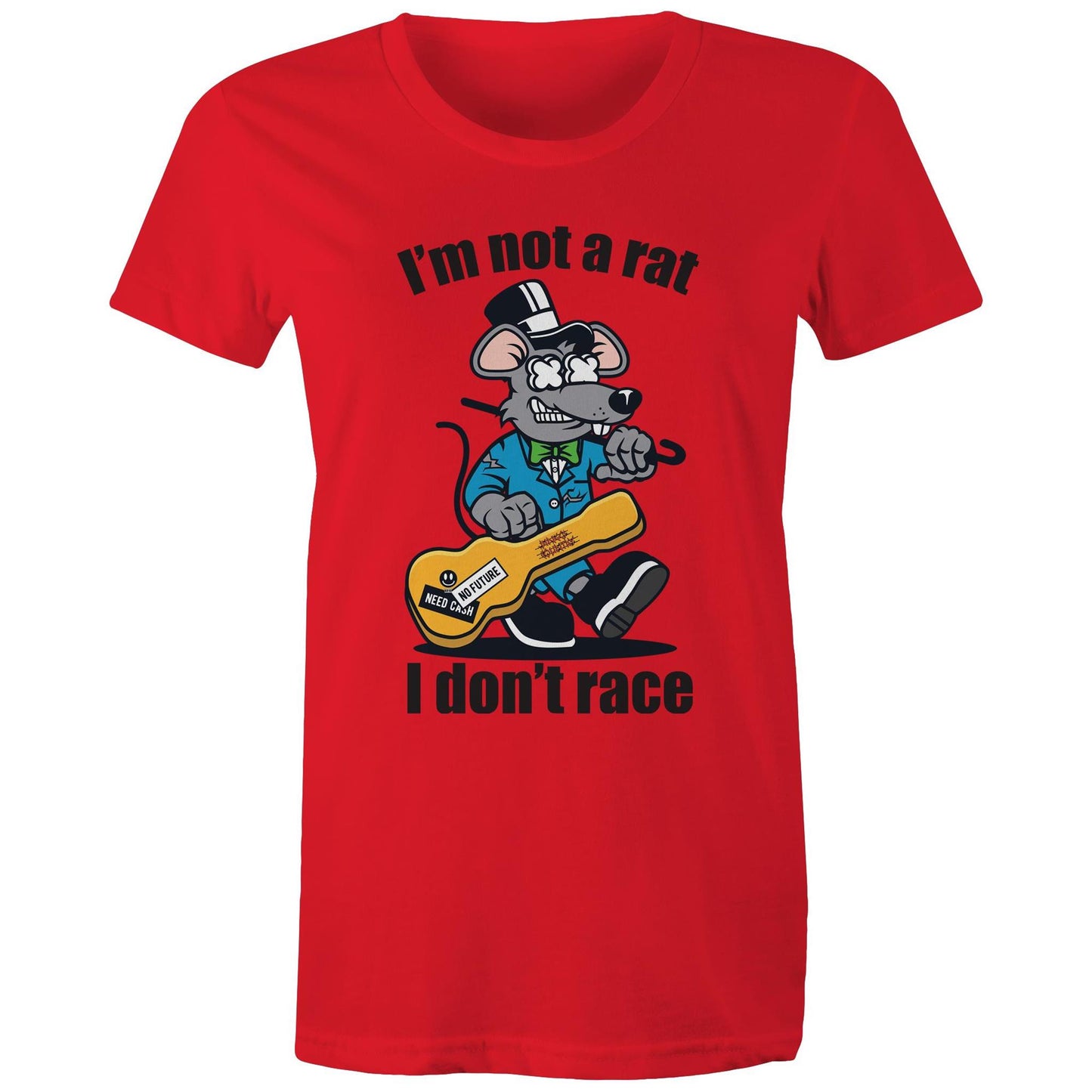 Front view of a woman's red maple tee with a graphic of a guitar-playing rat and the words 'I'm Not a Rat, I Don't Race', exemplifying a fun and laid-back style