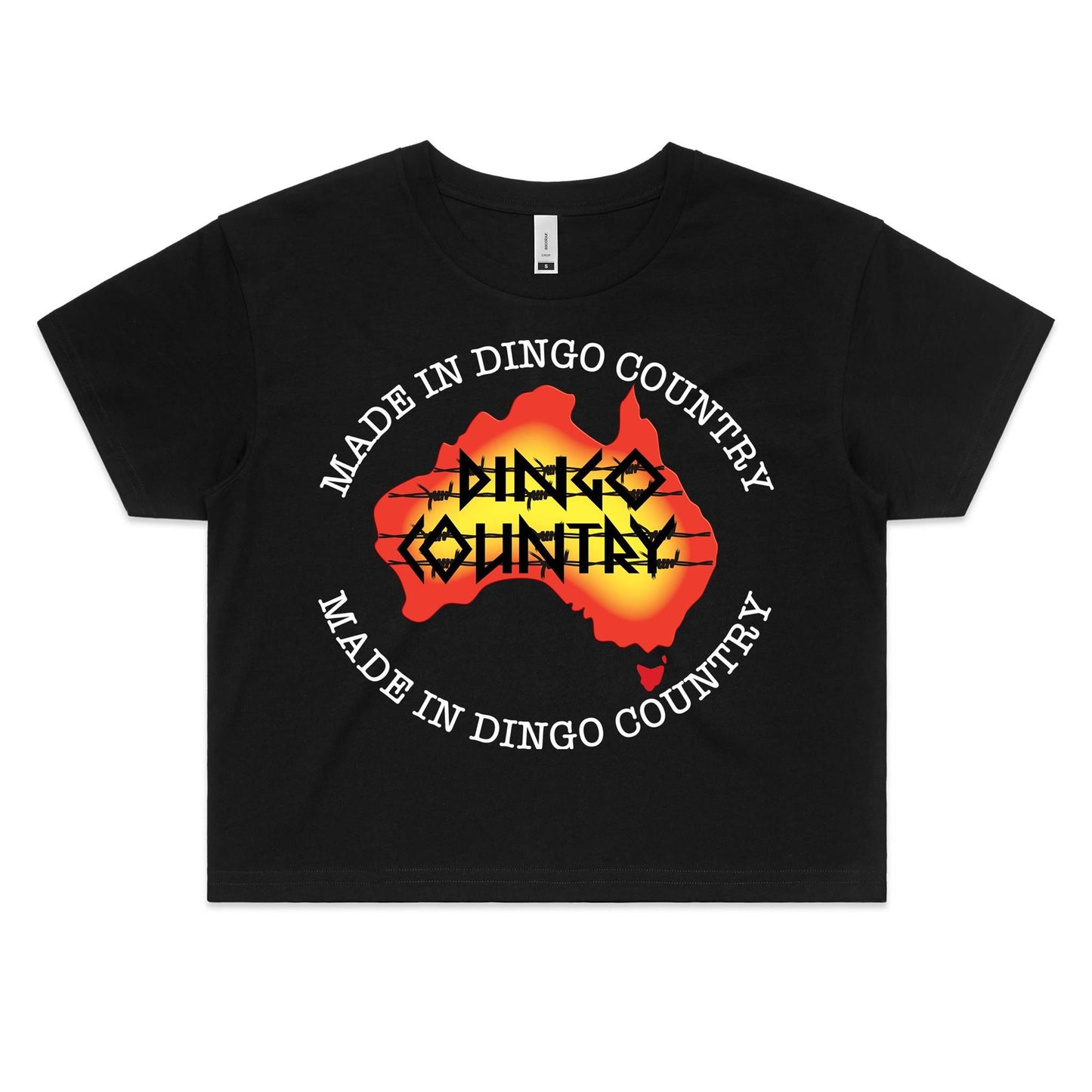 Black crop top t-shirt with a Dingo Country Australia map design and 'Made in Dingo Country' text, representing Australian pride.