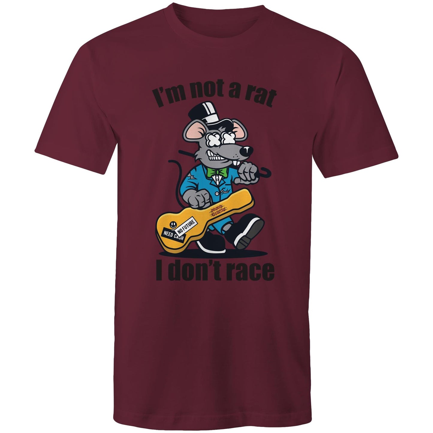 Men's burgundy t-shirt with a cartoon rat playing guitar and 'I'm Not a Rat, I Don't Race' text - part of Dingo Country's Art & Humour Collection.